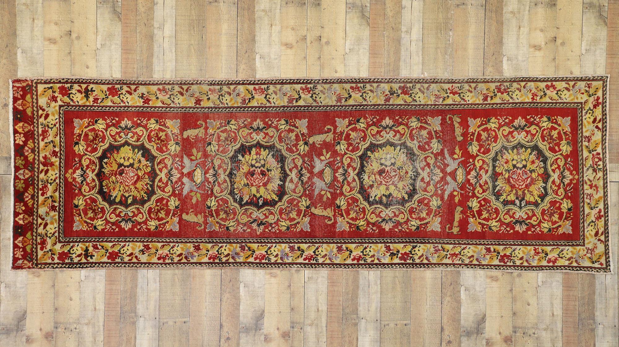 Distressed Vintage Turkish Oushak Hallway Runner with Rustic Baroque Style For Sale 2