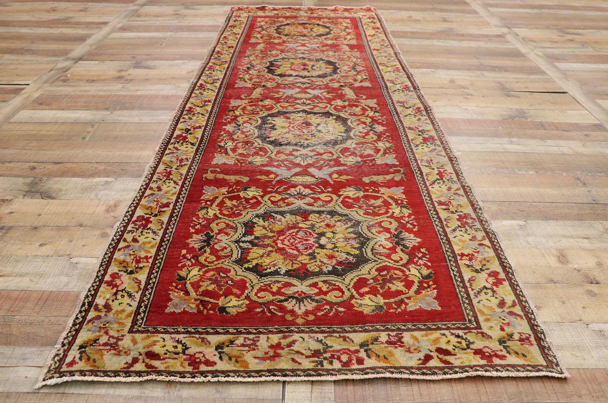 Distressed Vintage Turkish Oushak Hallway Runner with Rustic Baroque Style For Sale 1