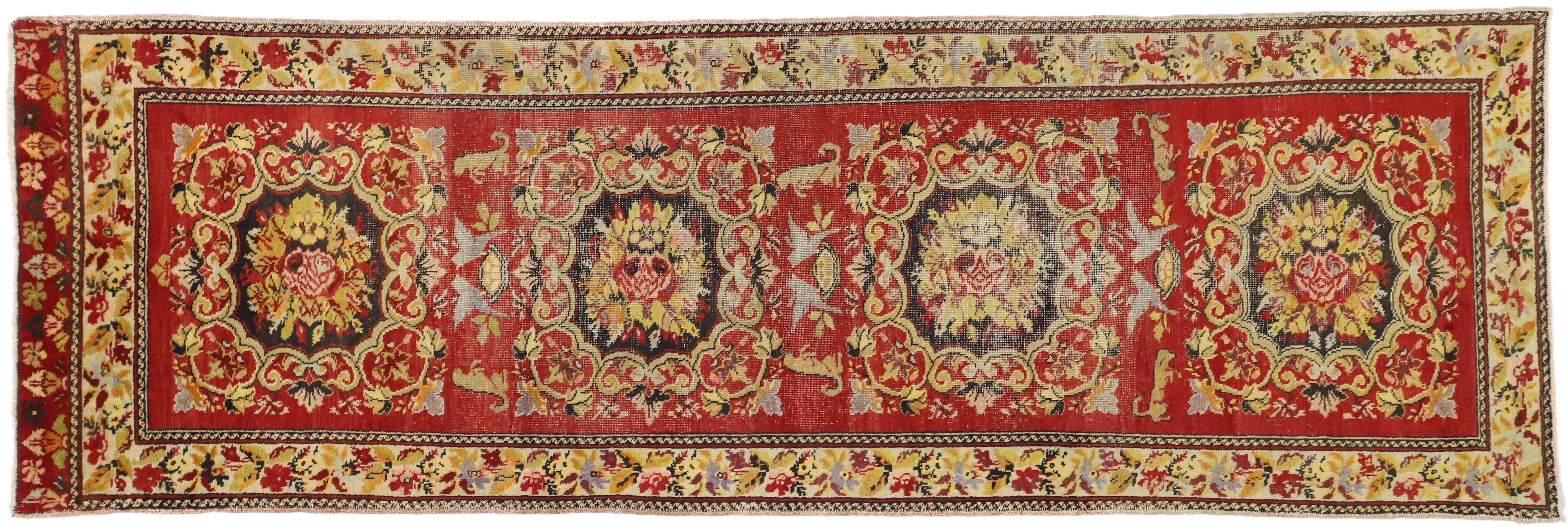 Distressed Vintage Turkish Oushak Hallway Runner with Rustic Baroque Style For Sale 3