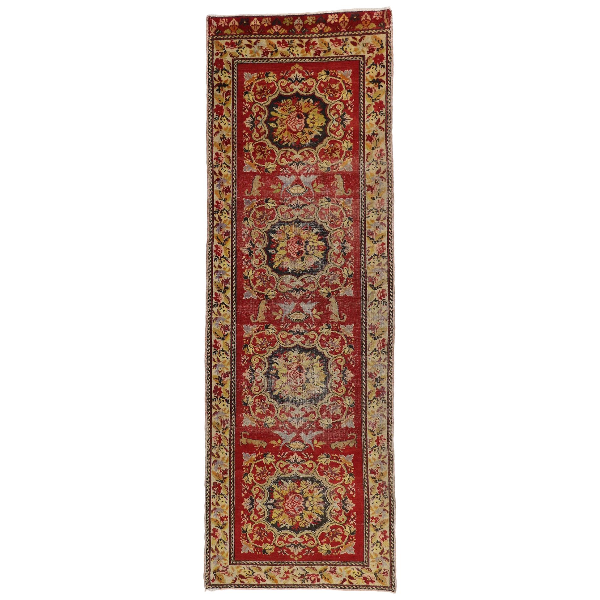Distressed Vintage Turkish Oushak Hallway Runner with Rustic Baroque Style For Sale