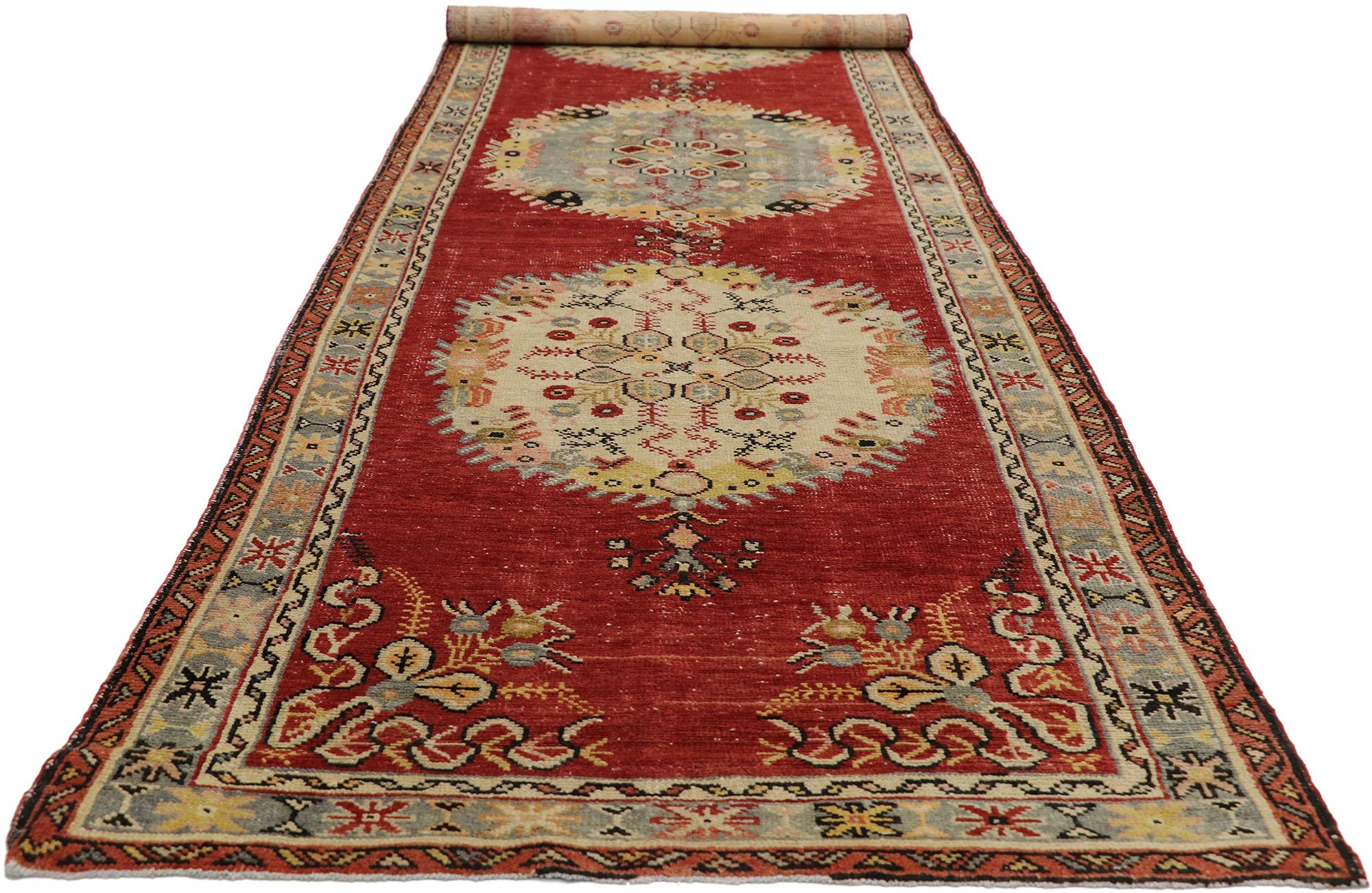 Hand-Knotted Distressed Vintage Turkish Oushak Hallway Runner with Rustic French Rococo Style For Sale