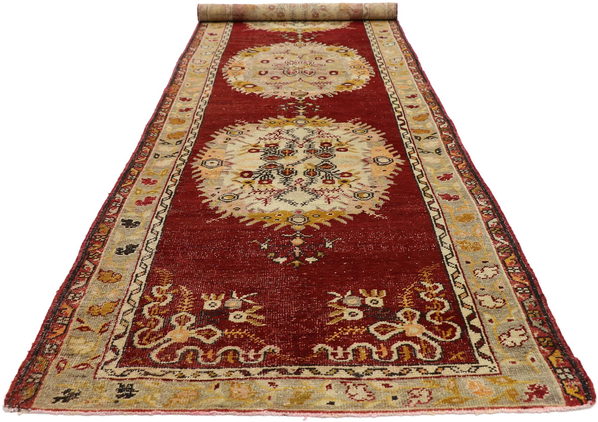 Romantic Distressed Vintage Turkish Oushak Hallway Runner with Rustic French Rococo Style For Sale