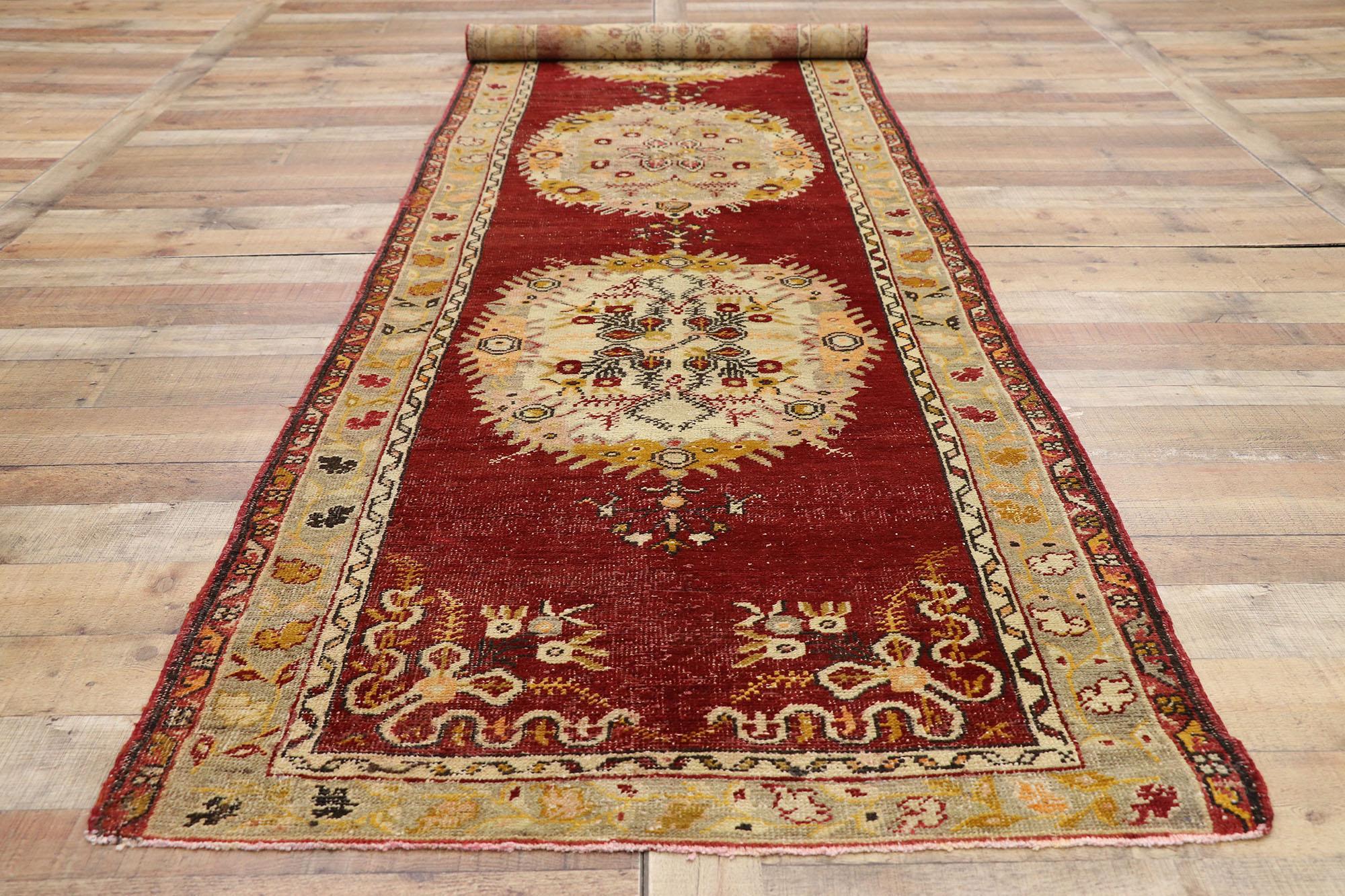 Wool Distressed Vintage Turkish Oushak Hallway Runner with Rustic French Rococo Style For Sale