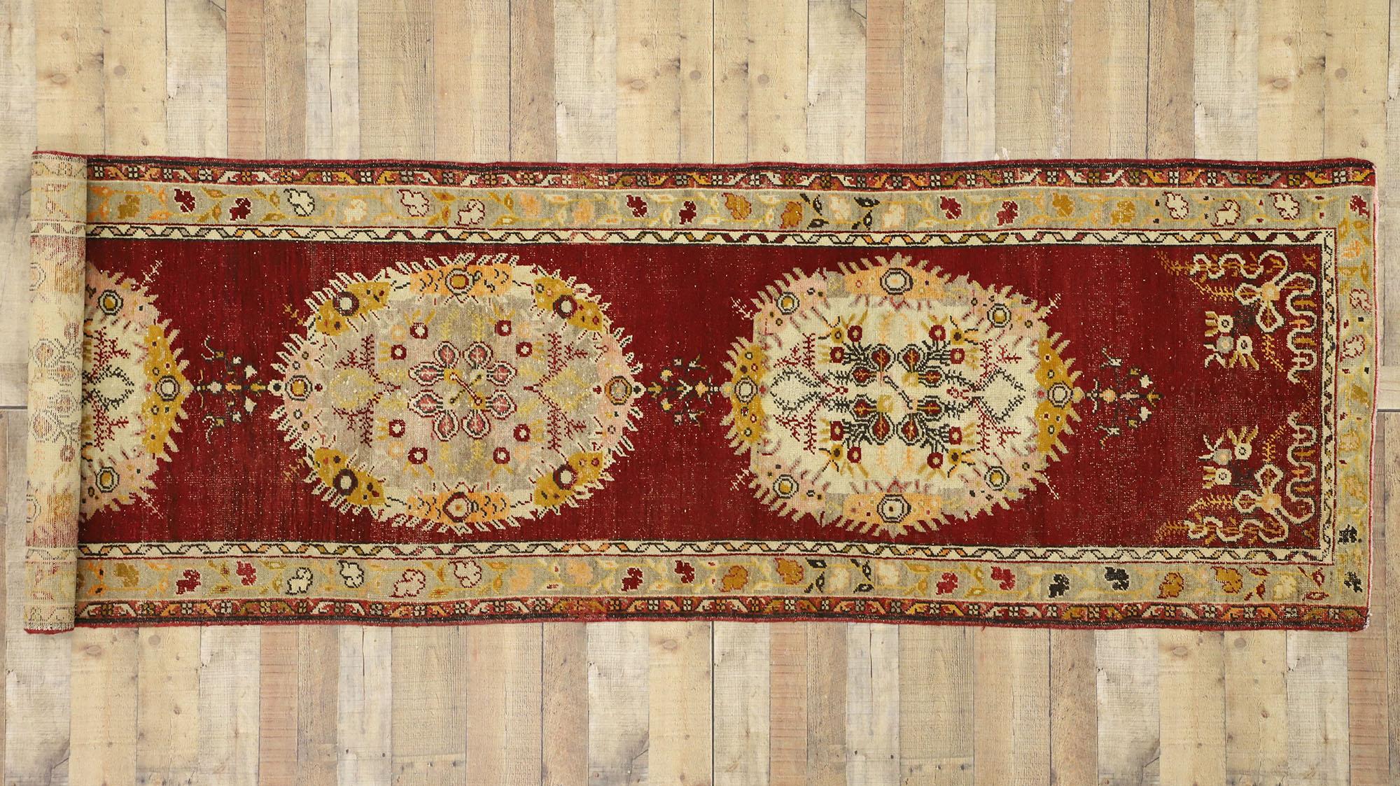 Distressed Vintage Turkish Oushak Hallway Runner with Rustic French Rococo Style For Sale 1