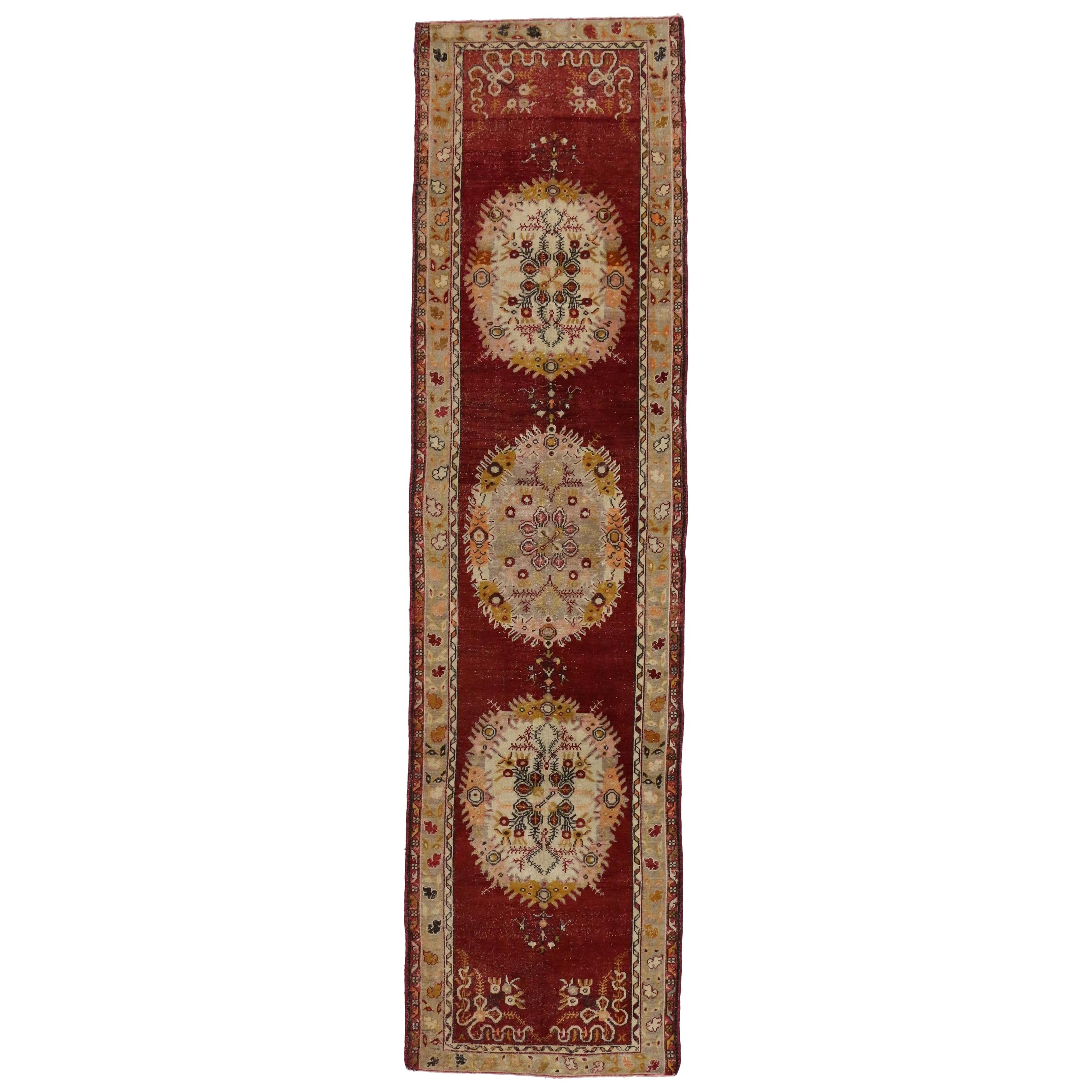 Distressed Vintage Turkish Oushak Hallway Runner with Rustic French Rococo Style For Sale