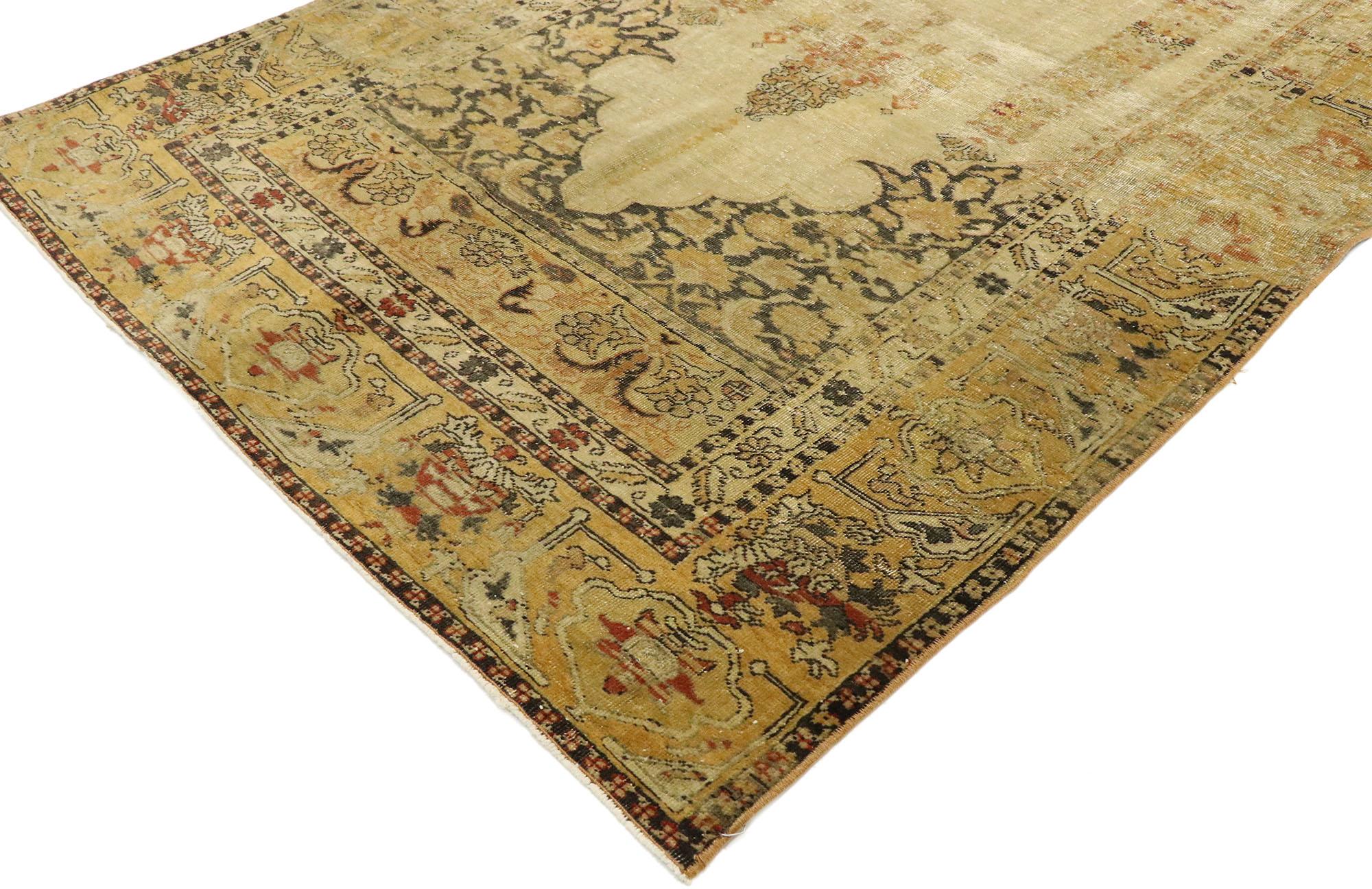 53104 distressed vintage Turkish Oushak Prayer rug with Modern Rustic Artisan style. Immersed in Anatolian history and warm colors, this hand knotted wool distressed vintage Turkish Oushak prayer rug beautifully combines sophistication with rugged