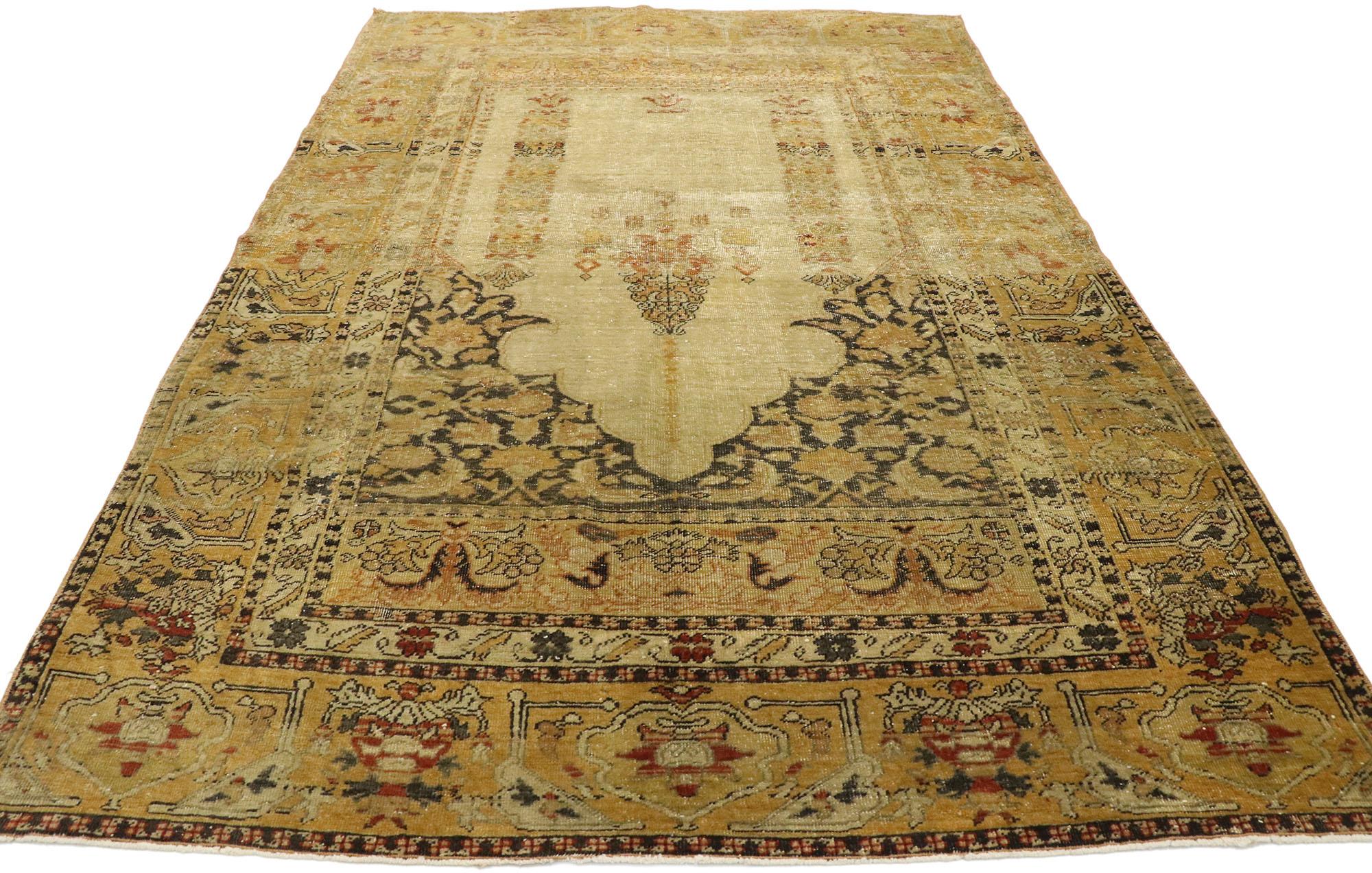 Hand-Knotted Distressed Vintage Turkish Oushak Prayer Rug with Modern Rustic Artisan Style For Sale