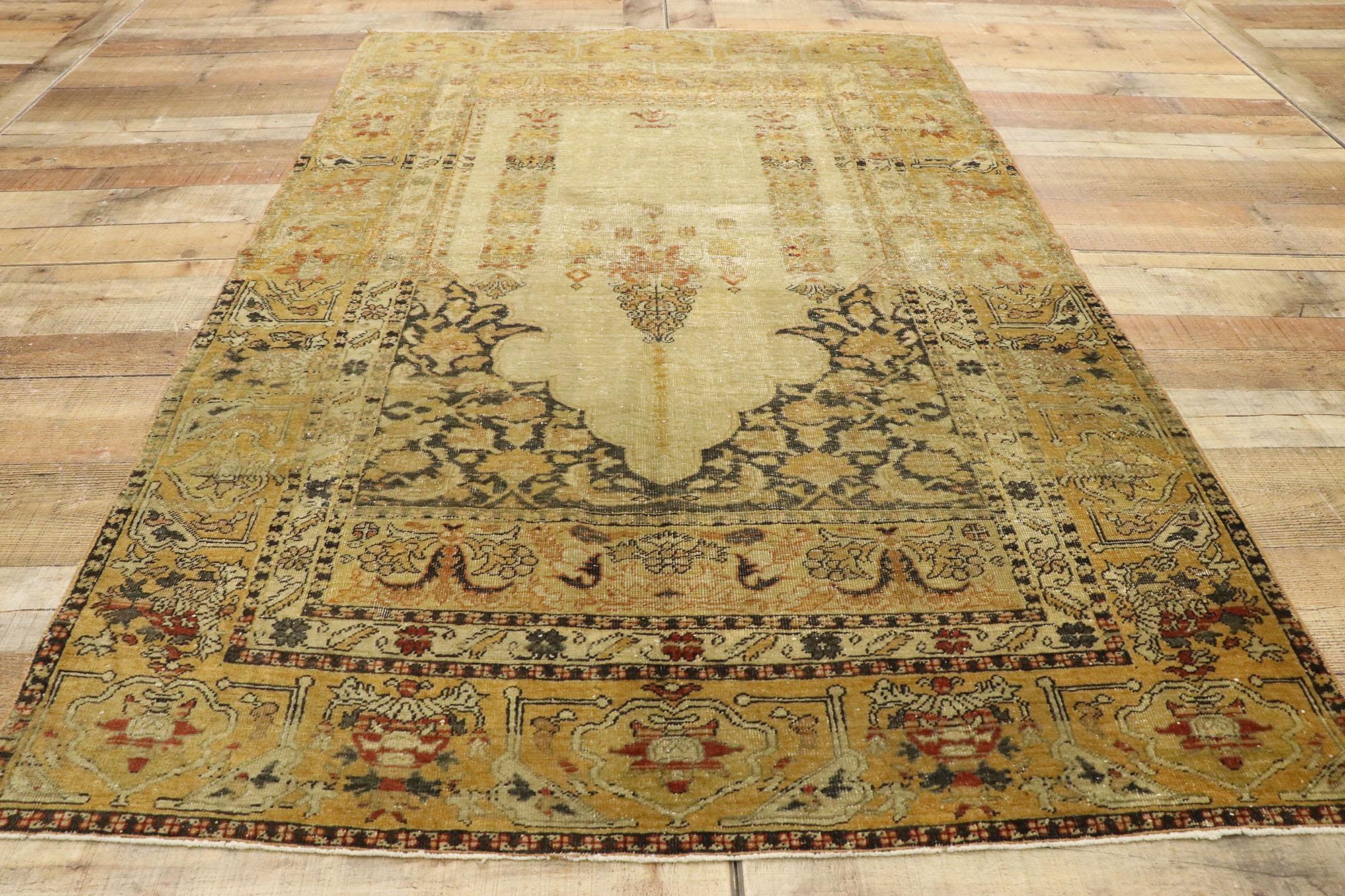 Distressed Vintage Turkish Oushak Prayer Rug with Modern Rustic Artisan Style For Sale 2