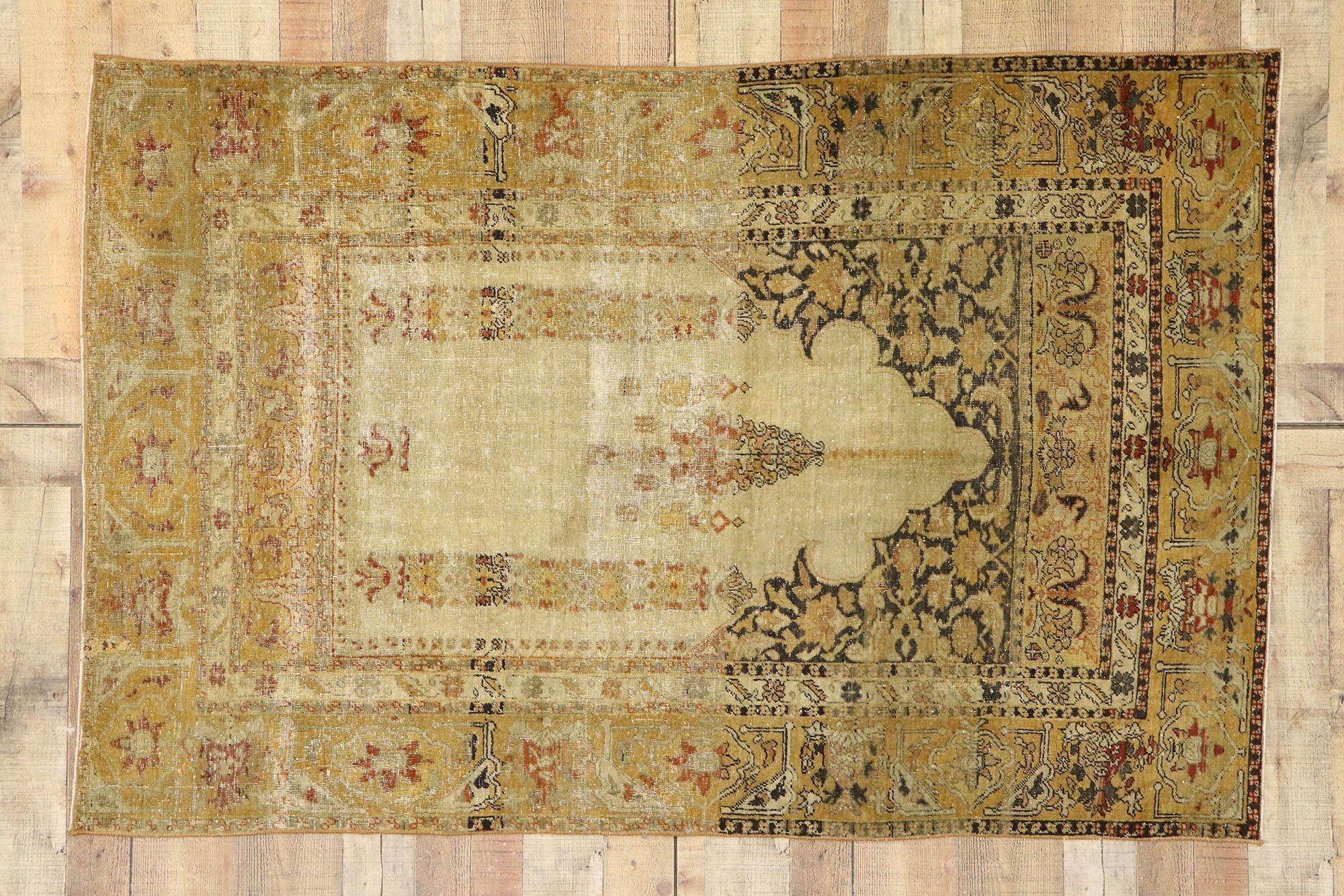 Distressed Vintage Turkish Oushak Prayer Rug with Modern Rustic Artisan Style For Sale 3