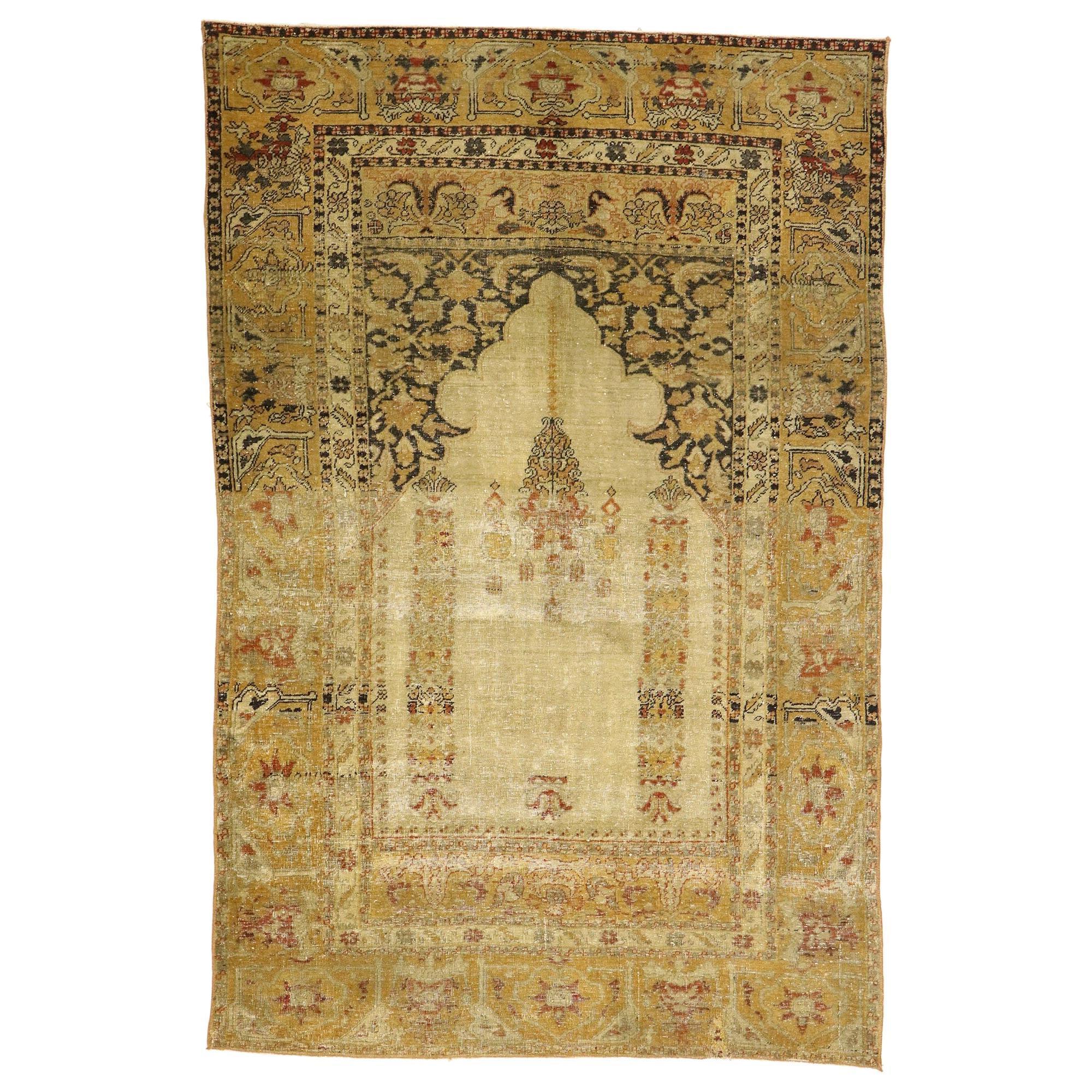 Distressed Vintage Turkish Oushak Prayer Rug with Modern Rustic Artisan Style For Sale