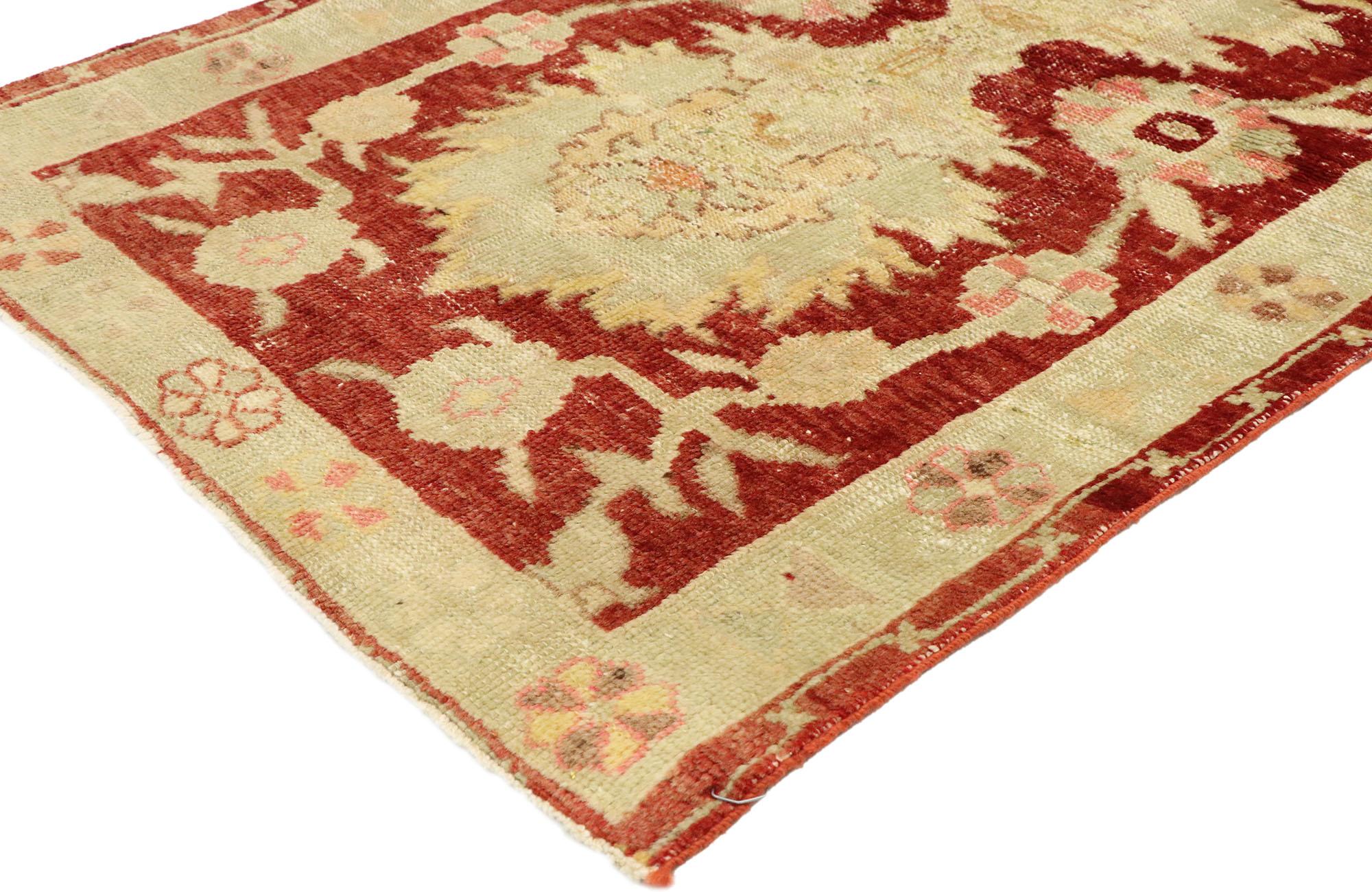 51567 Distressed Vintage Turkish Oushak Accent Rug, Entry or Foyer Rug. This hand-knotted wool distressed vintage Turkish Oushak rug features a modern traditional style. Immersed in Anatolian history and refined colors, this vintage Oushak rug