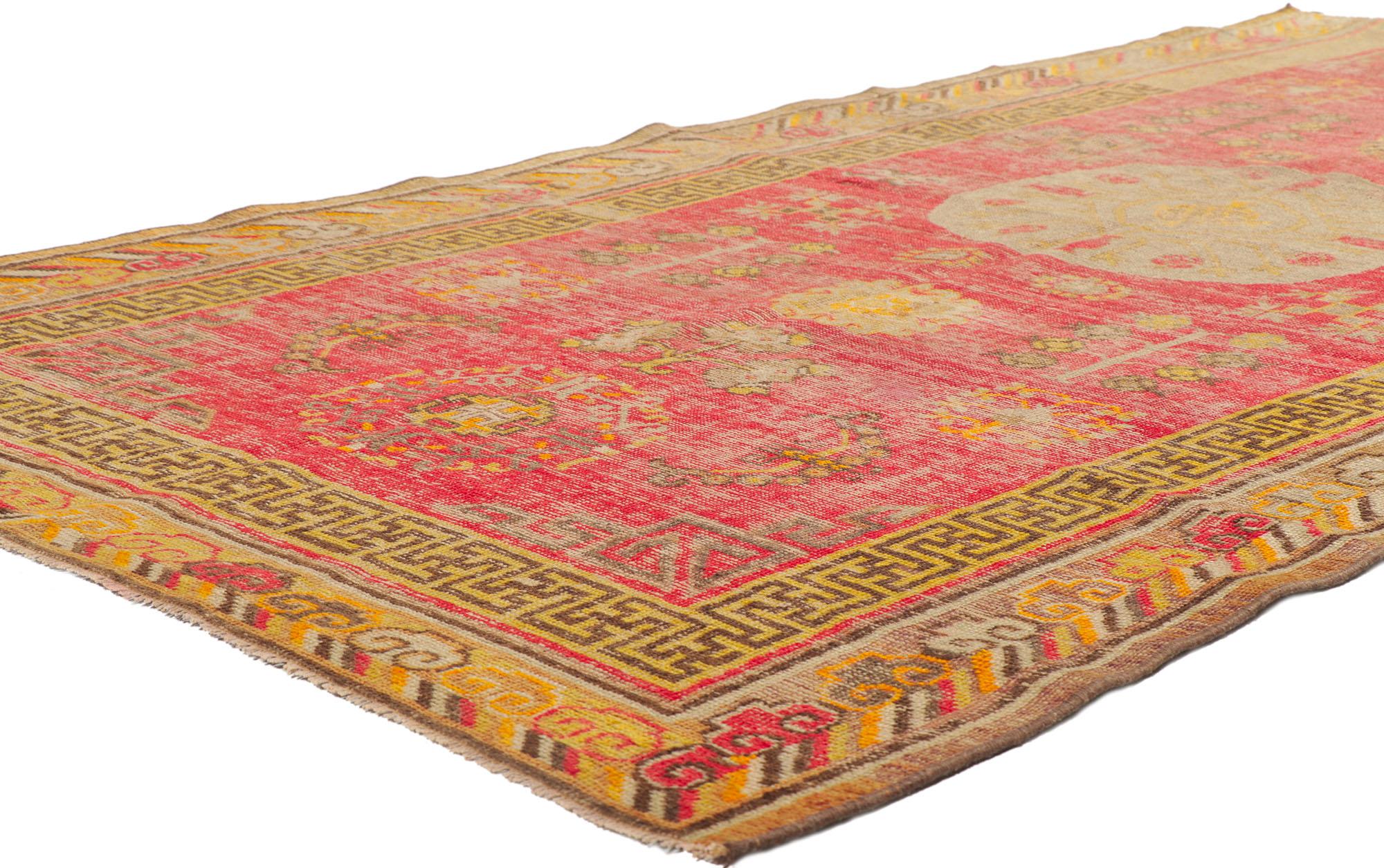53710 Distressed Vintage Turkish Oushak Rug, 04'08 x 08'06.
​Weathered finesse meets East Turkestan charm in this distressed vintage Turkish Oushak rug. The traditional Khotan design elements and bold colorway woven into this piece work together