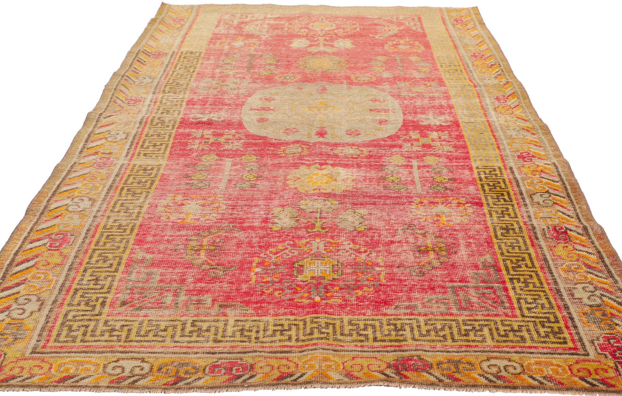 Hand-Knotted Distressed Vintage Turkish Oushak Rug, Weathered Finesse Meets East Turkestan For Sale