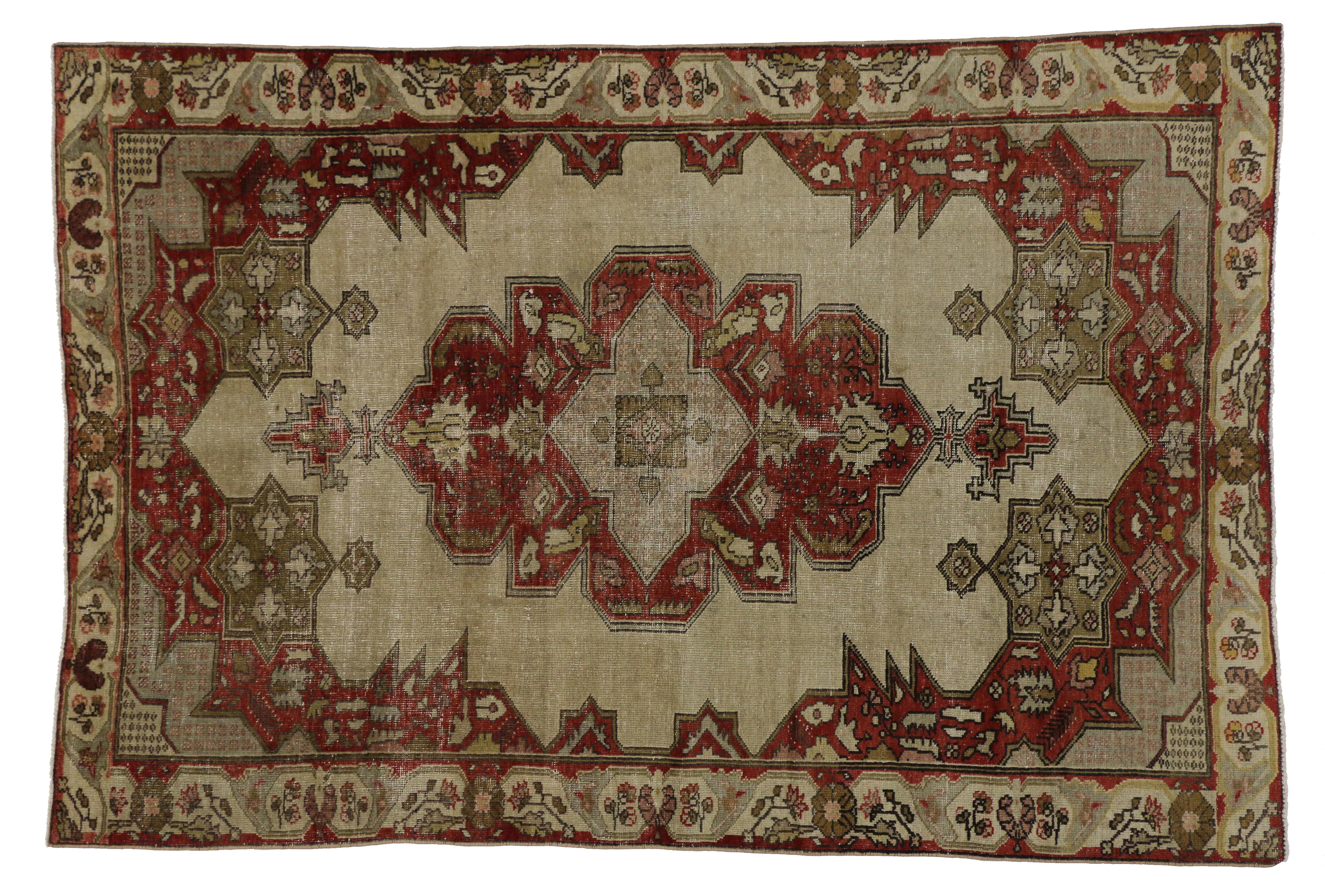 Hand-Knotted Distressed Vintage Turkish Oushak Rug with Art Deco Aristocrat Style For Sale