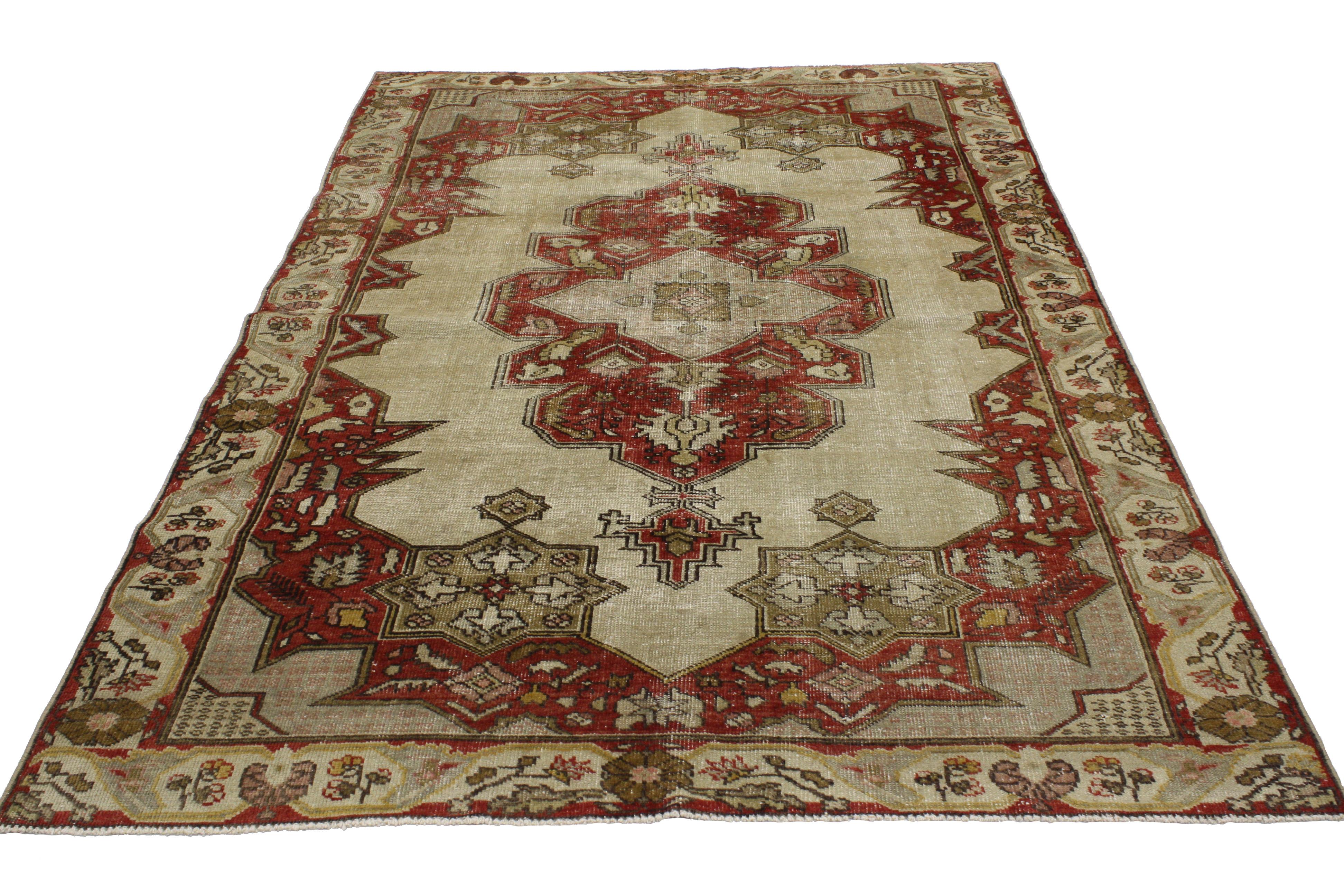 20th Century Distressed Vintage Turkish Oushak Rug with Art Deco Aristocrat Style For Sale