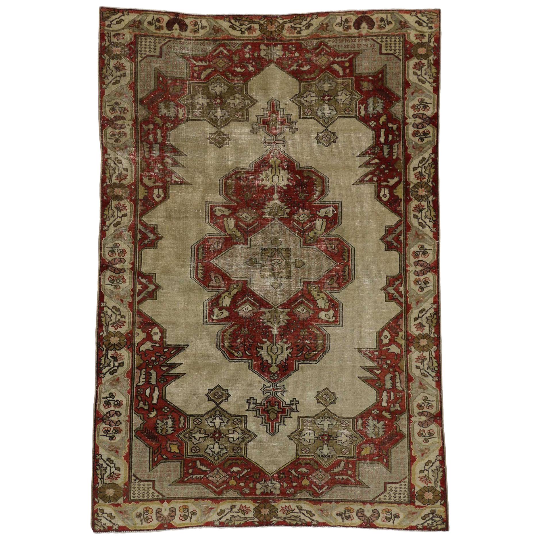 Distressed Vintage Turkish Oushak Rug with Art Deco Aristocrat Style For Sale