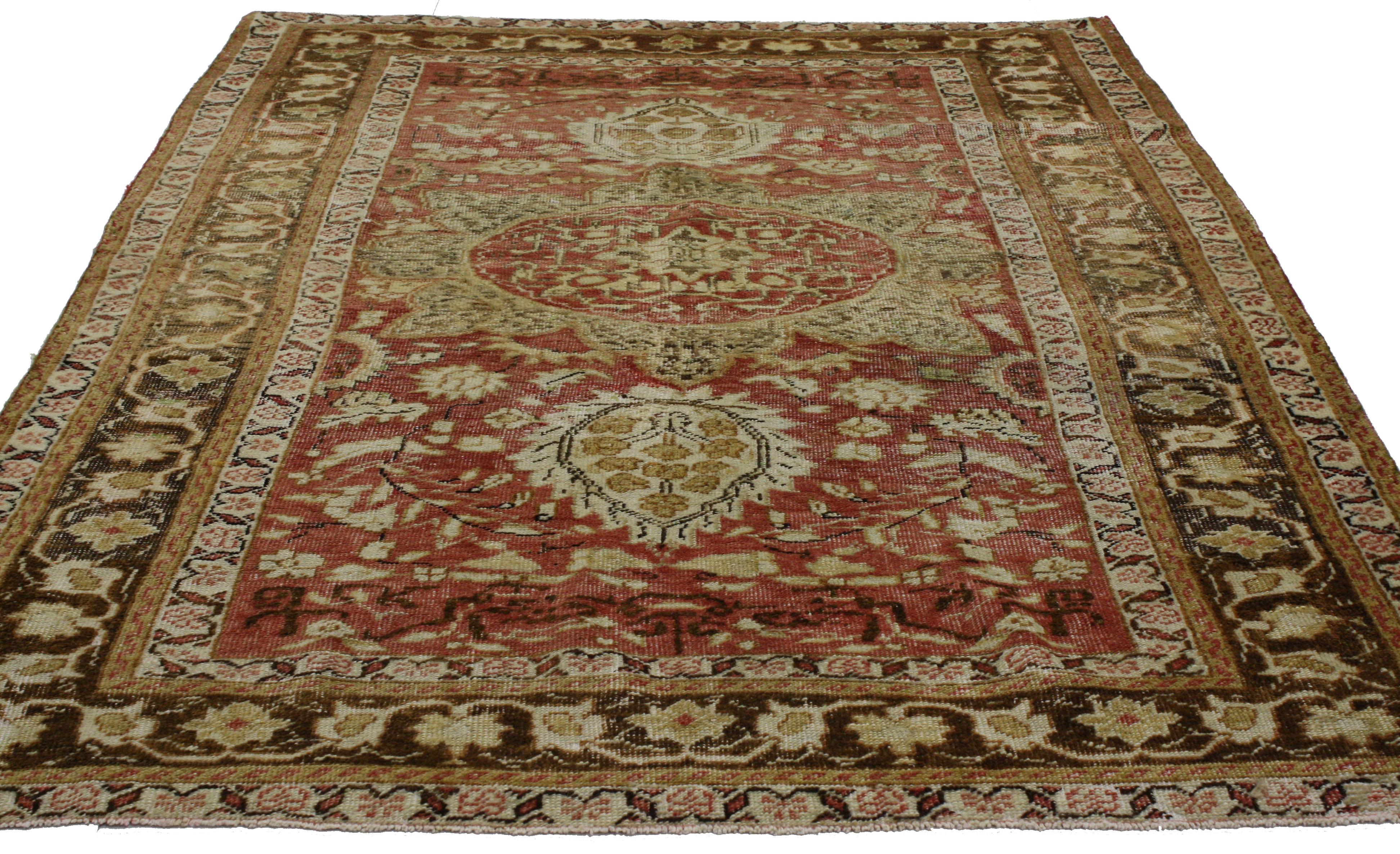51560, distressed vintage Turkish Oushak rug with artisan style, entry or foyer rug. This hand knotted wool distressed vintage Turkish Oushak rug embodies a rustic Artisan style. Immersed in Anatolian history and refined colors, this vintage Oushak