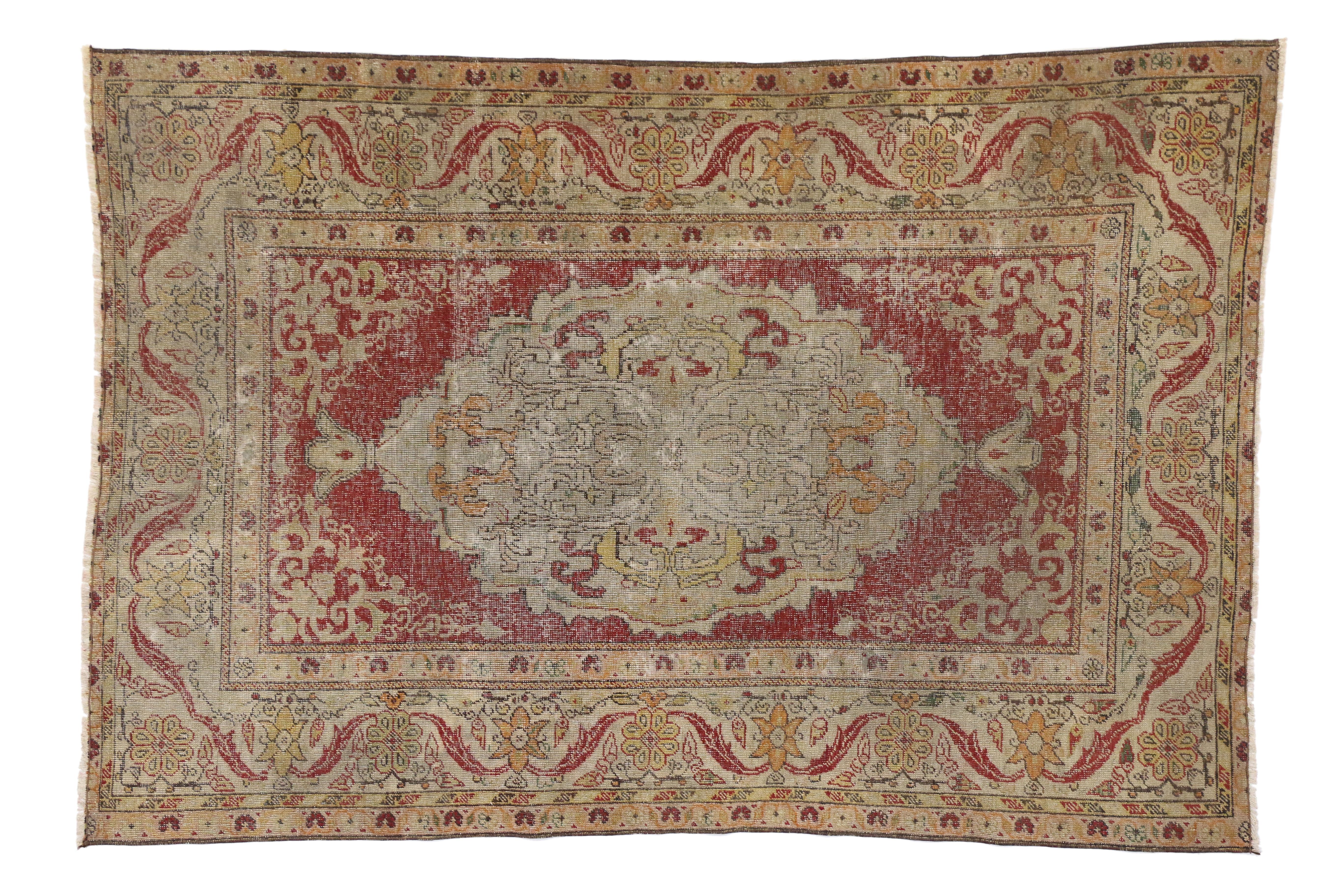 Hand-Knotted Distressed Vintage Turkish Oushak Rug For Sale