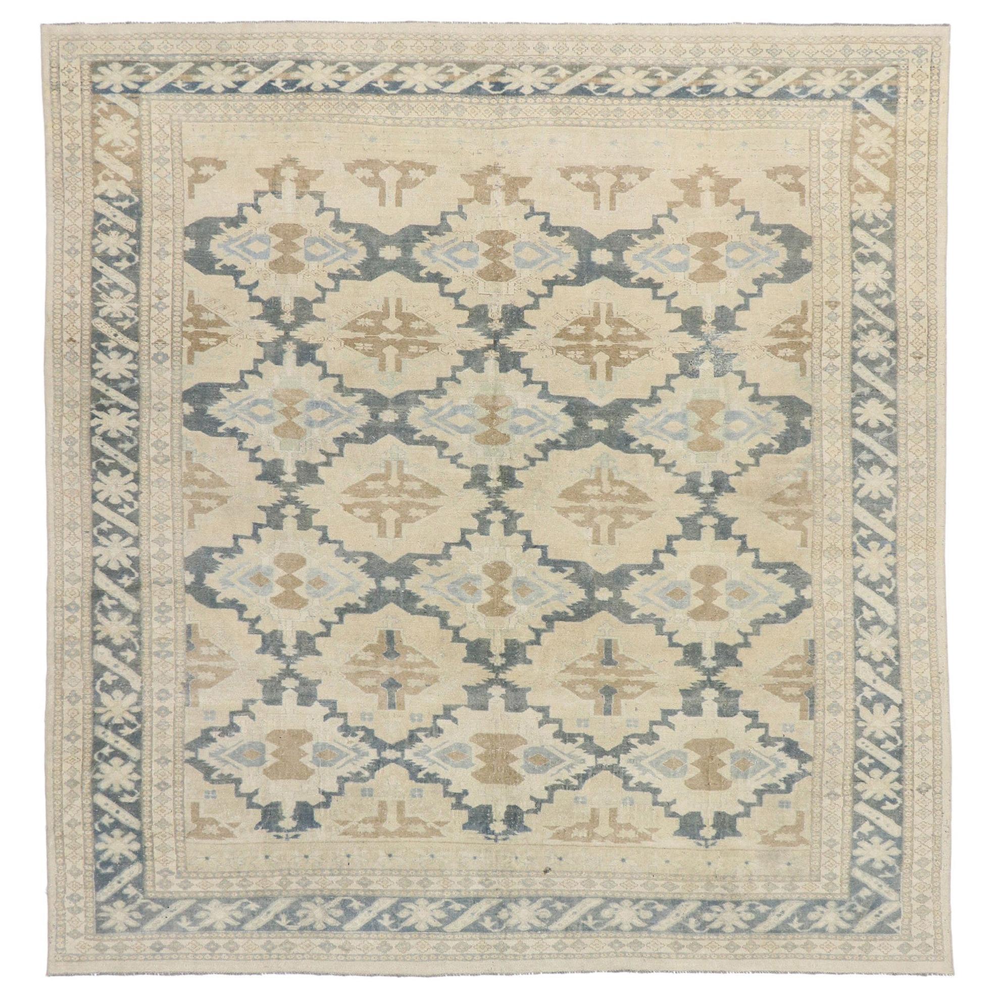 Tapis turc Oushak vintage vieilli avec motif côtier de style Arts & Crafts