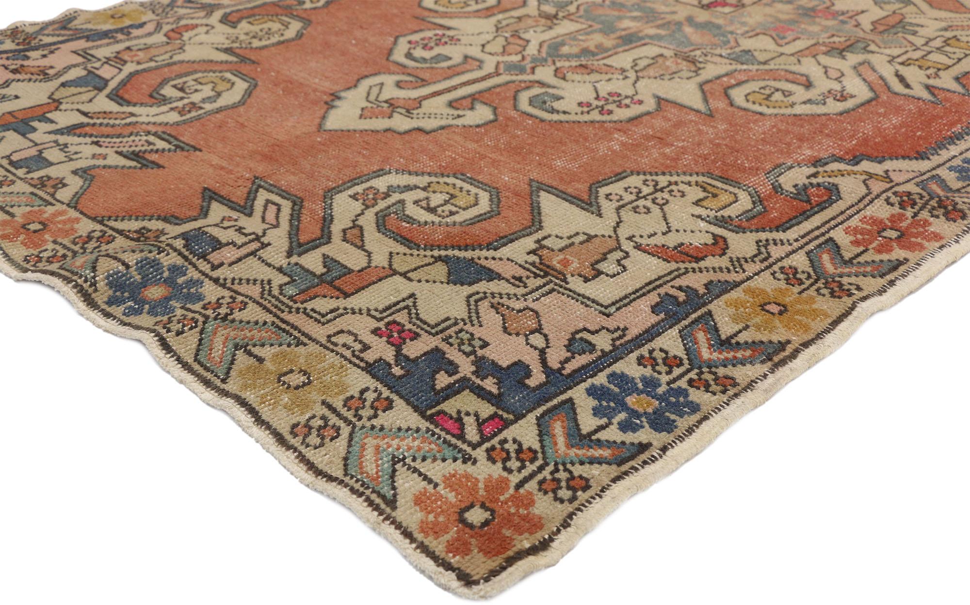 77222 Distressed Vintage Turkish Oushak rug with Italian Cottage Rustic Style 04'05 x 07'07. With warm terracotta hues and pops of blue, this hand knotted wool vintage Turkish Oushak rug beautifully embodies an Italian Rustic style. It features a