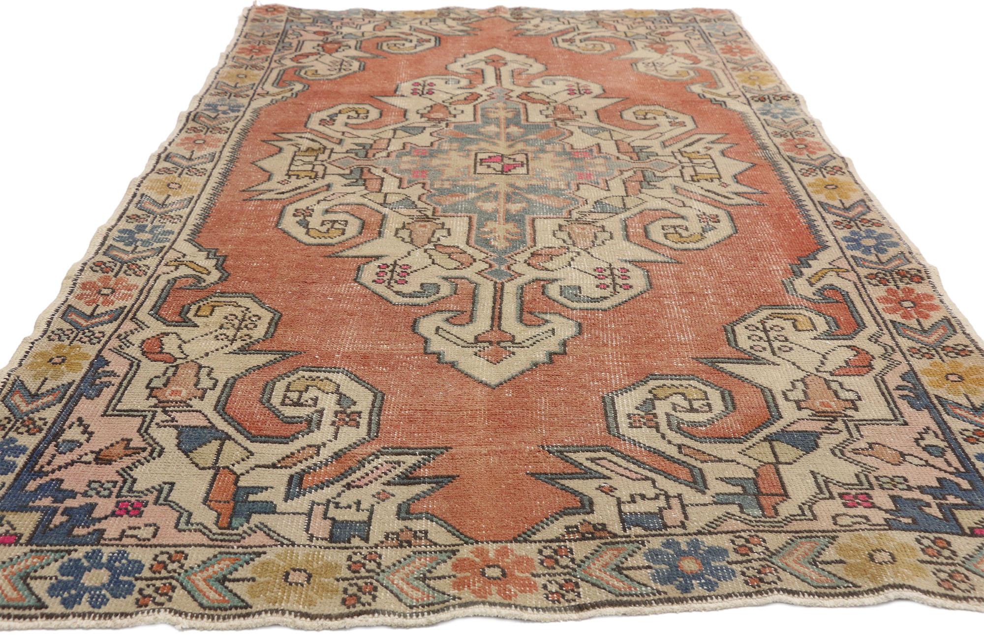 Art Deco Distressed Vintage Turkish Oushak rug with Italian Cottage Rustic Style For Sale
