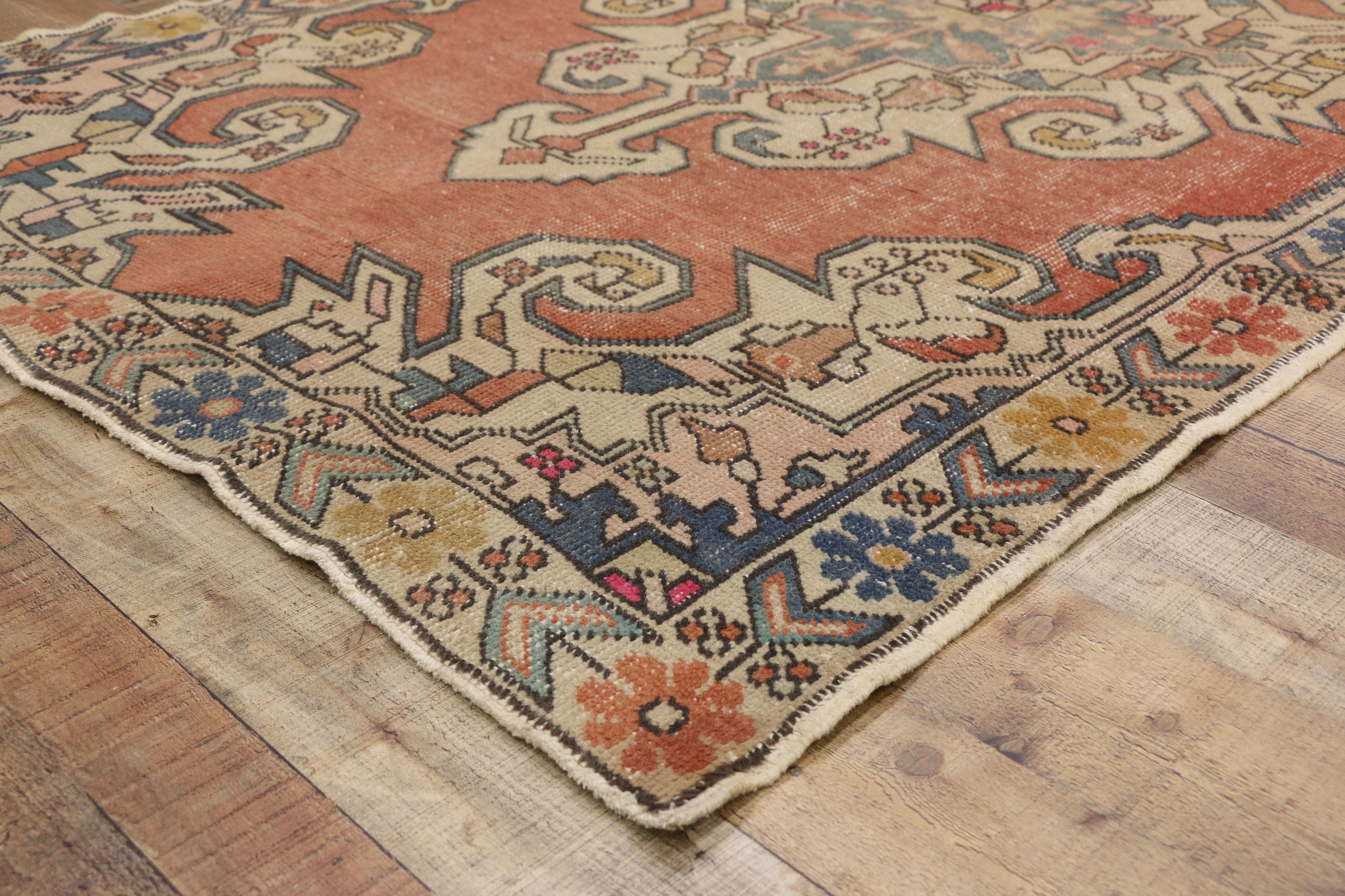 20th Century Distressed Vintage Turkish Oushak rug with Italian Cottage Rustic Style For Sale