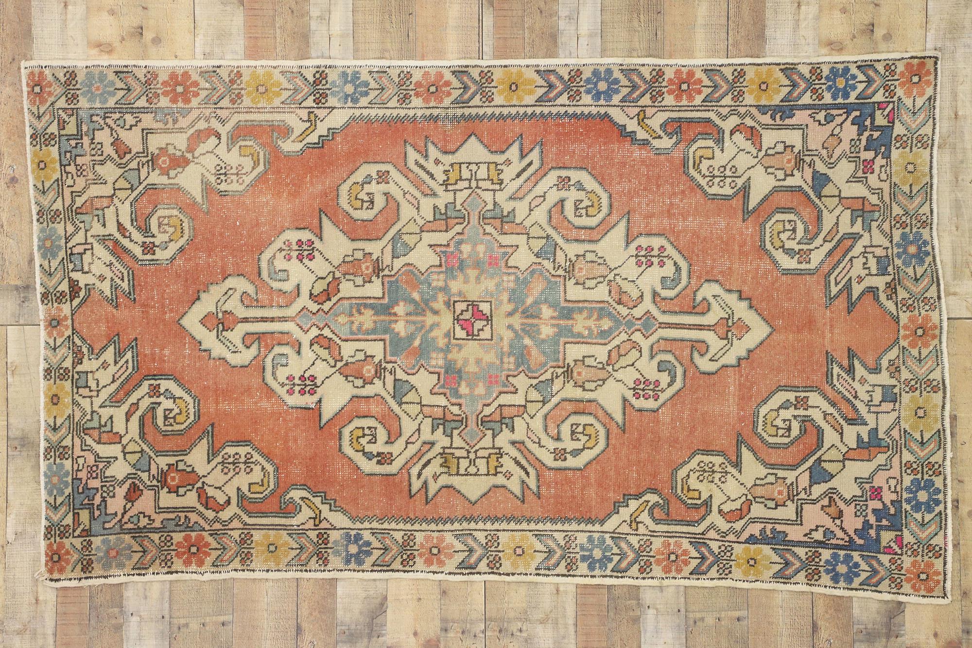 Wool Distressed Vintage Turkish Oushak rug with Italian Cottage Rustic Style For Sale