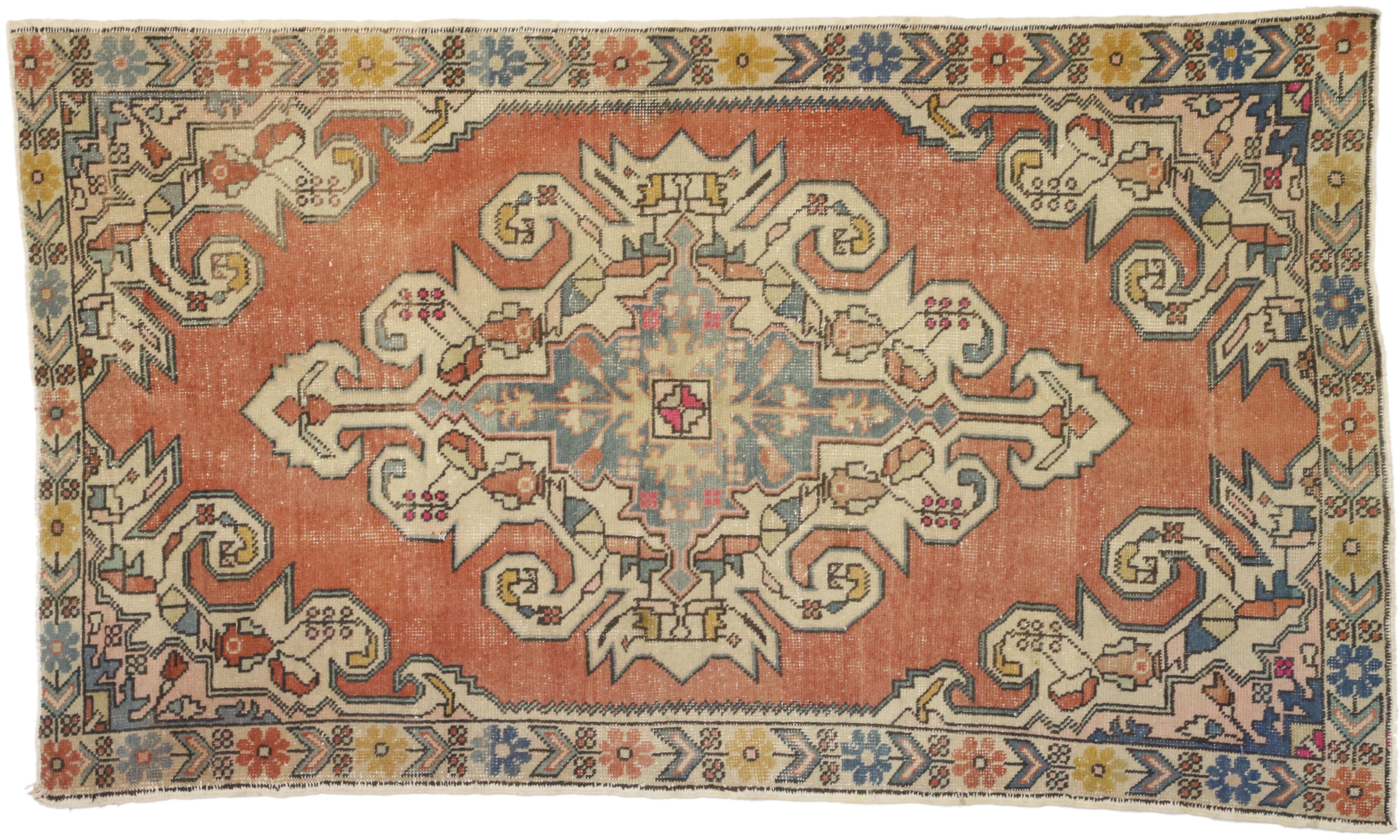 Distressed Vintage Turkish Oushak rug with Italian Cottage Rustic Style For Sale 1
