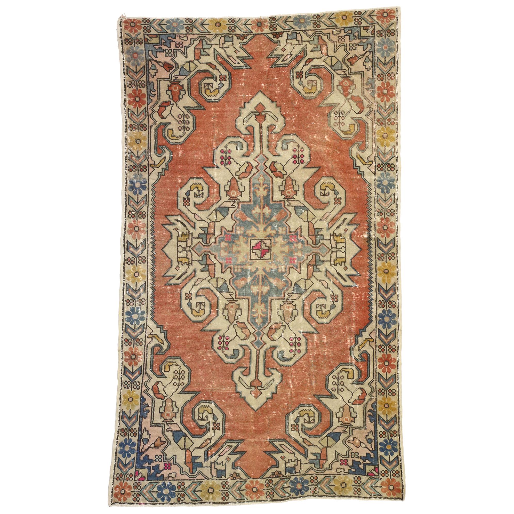 Distressed Vintage Turkish Oushak rug with Italian Cottage Rustic Style For Sale