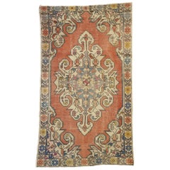 Distressed Retro Turkish Oushak rug with Italian Cottage Rustic Style