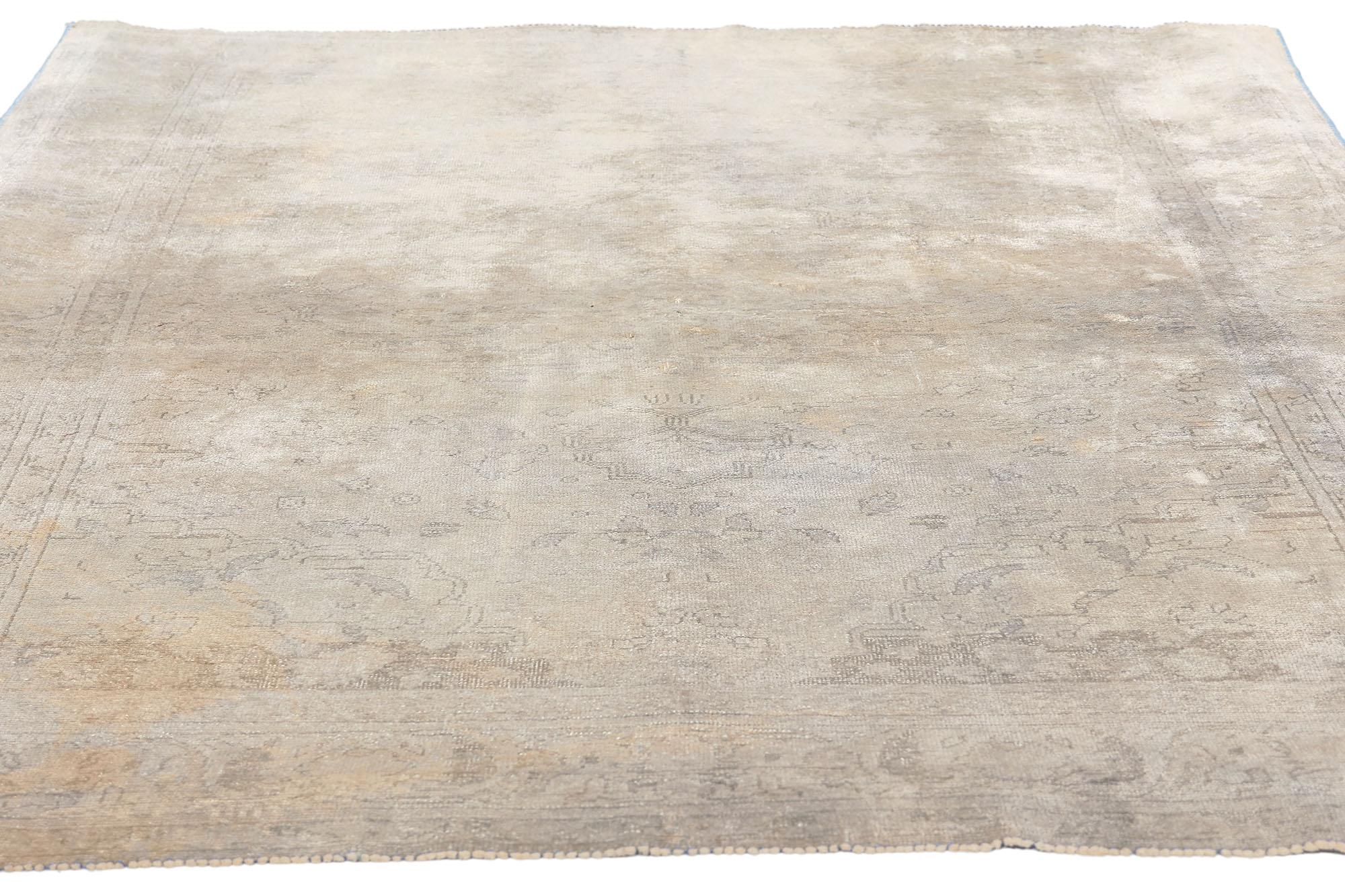 Hand-Knotted Muted Vintage Turkish Oushak Rug, Industrial Chic Meets Laid-Back Luxury For Sale