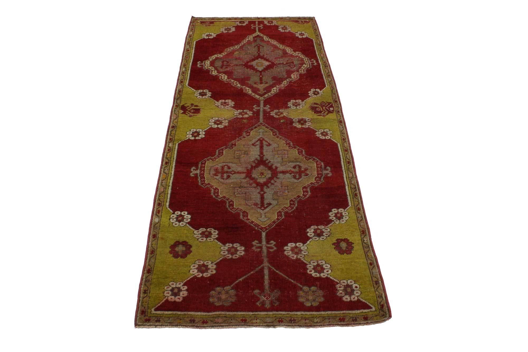 51734, distressed vintage Turkish Oushak with Jacobean style, kitchen, foyer or entry rug. This regal Turkish Oushak rug appears like a sumptuous Italian cut velvet, recalling the rich and luxurious design furnishings of a bygone era such as the