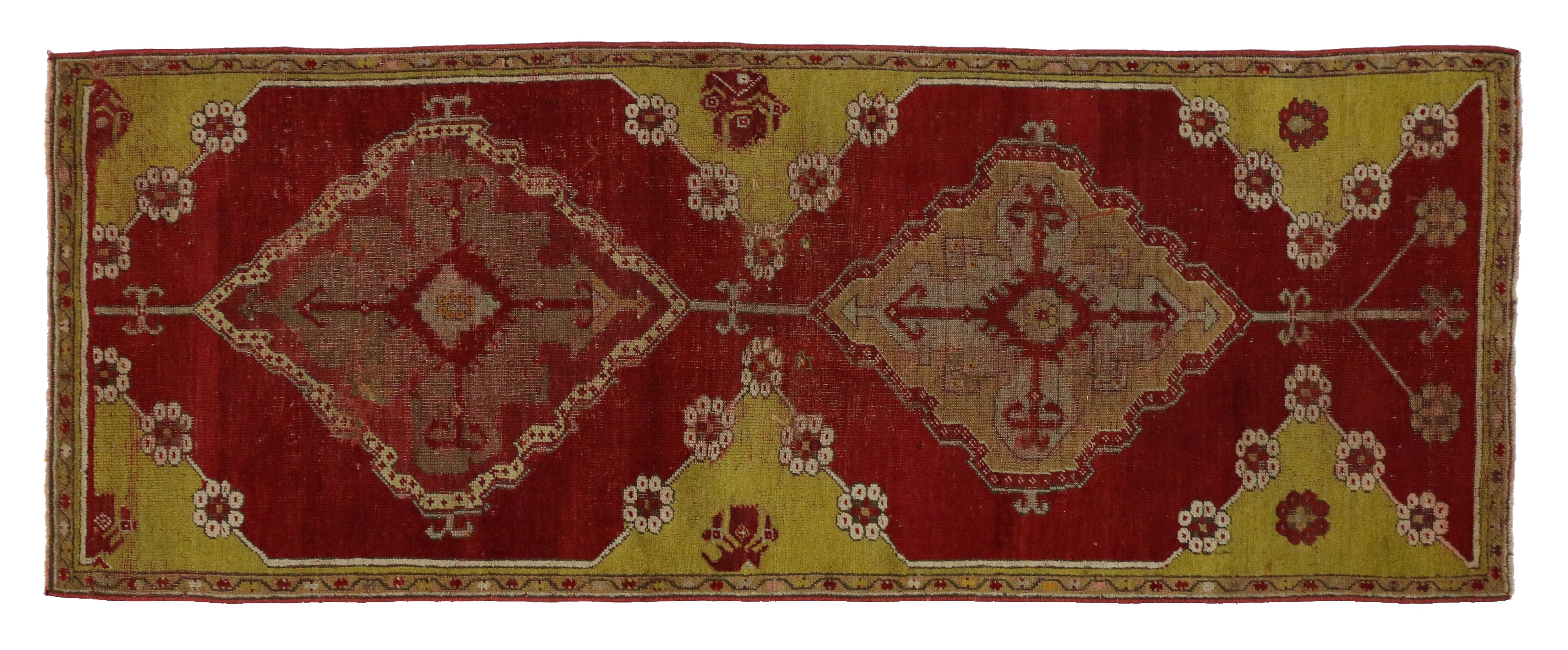 Hand-Knotted Distressed Vintage Turkish Oushak Rug with Jacobean Style, Foyer or Entry Rug For Sale