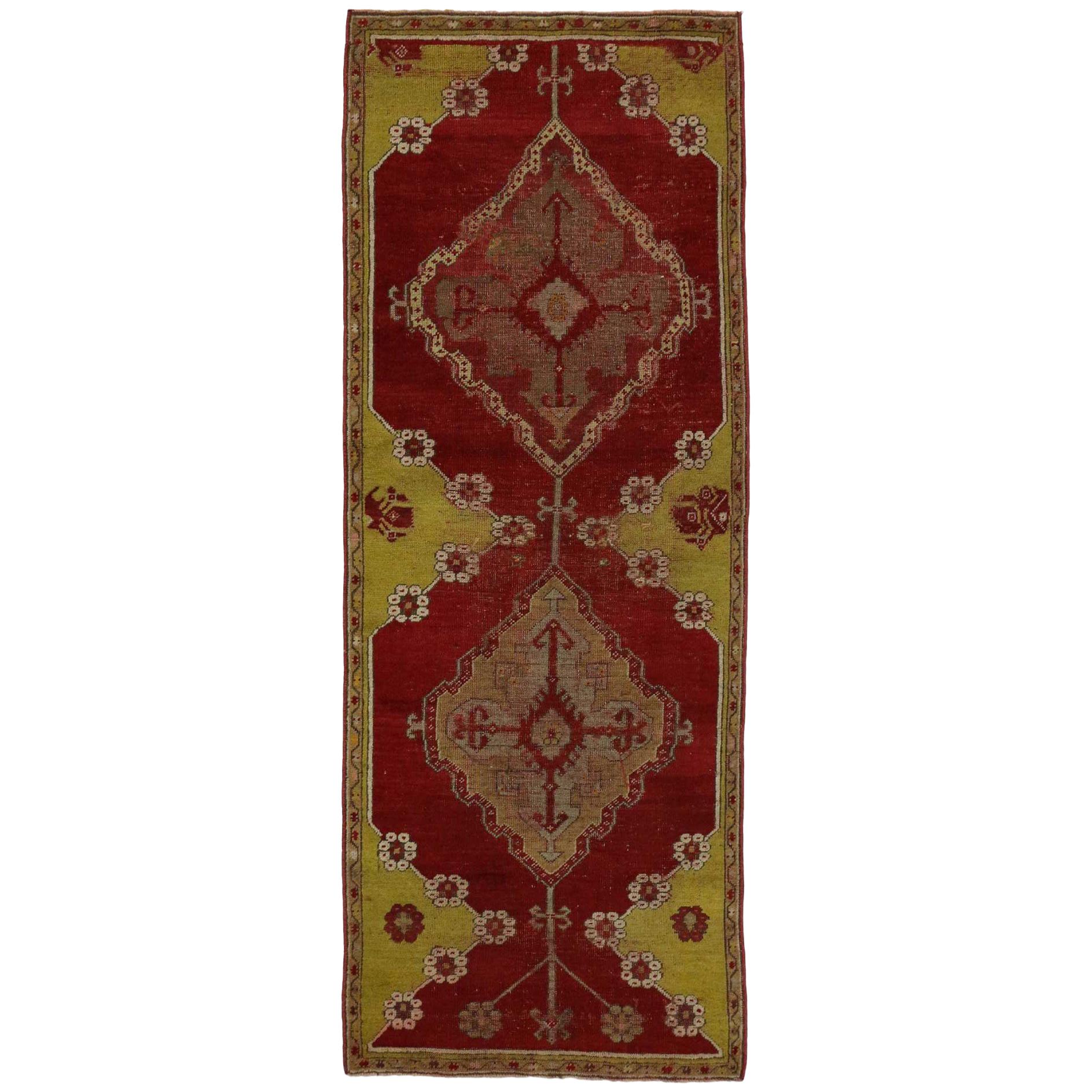 Distressed Vintage Turkish Oushak Rug with Jacobean Style, Foyer or Entry Rug For Sale