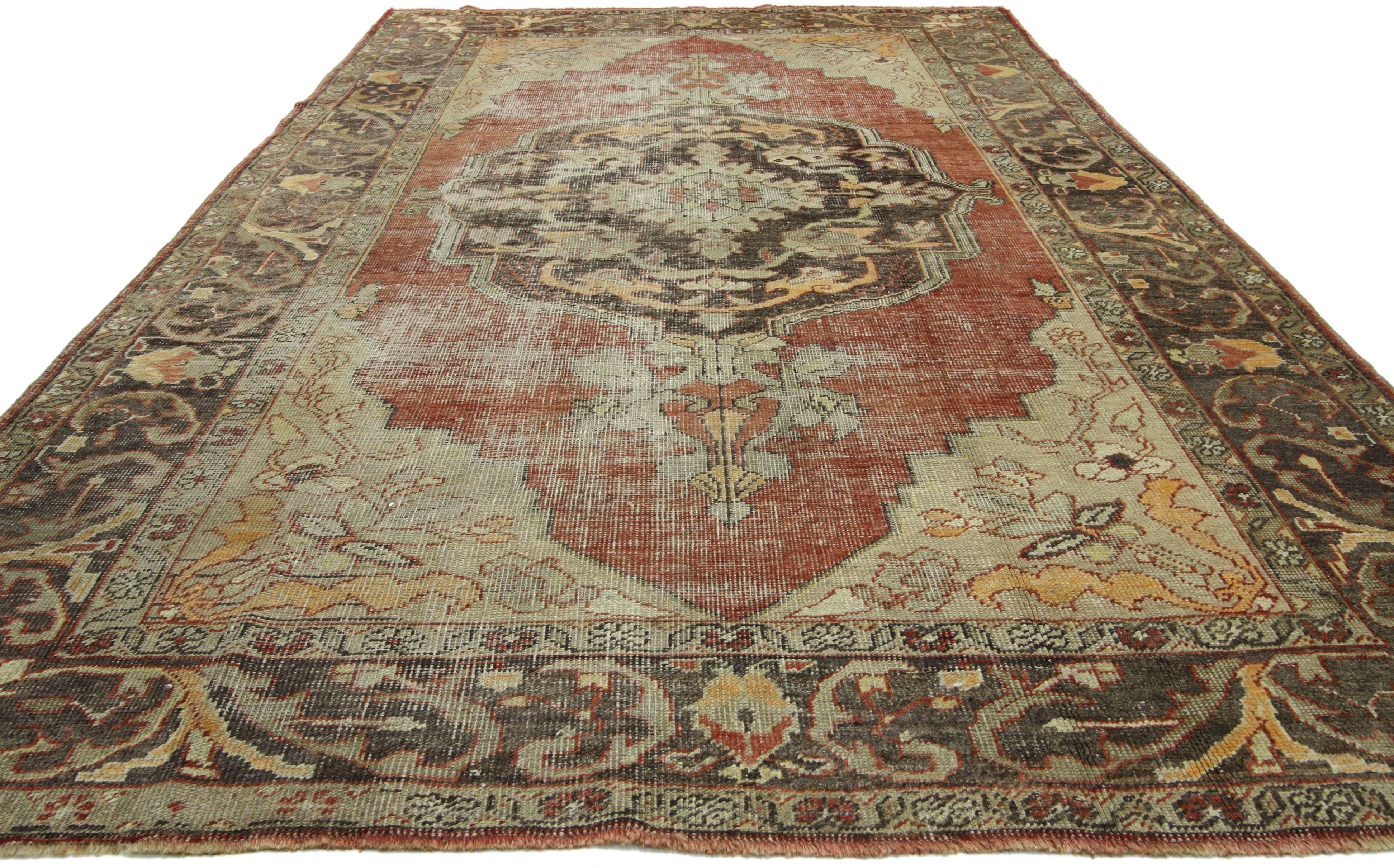 51296 Distressed Vintage Turkish Oushak Rug with Rustic English Manor Style 06'04 x 10'06. With its warm spice-tones and lovingly timeworn appearance, this hand knotted wool distressed vintage Turkish Oushak rug embraces rustic English Manor style.