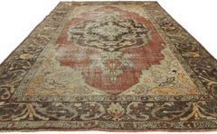 Distressed Vintage Turkish Oushak Rug with Rustic English Manor Style