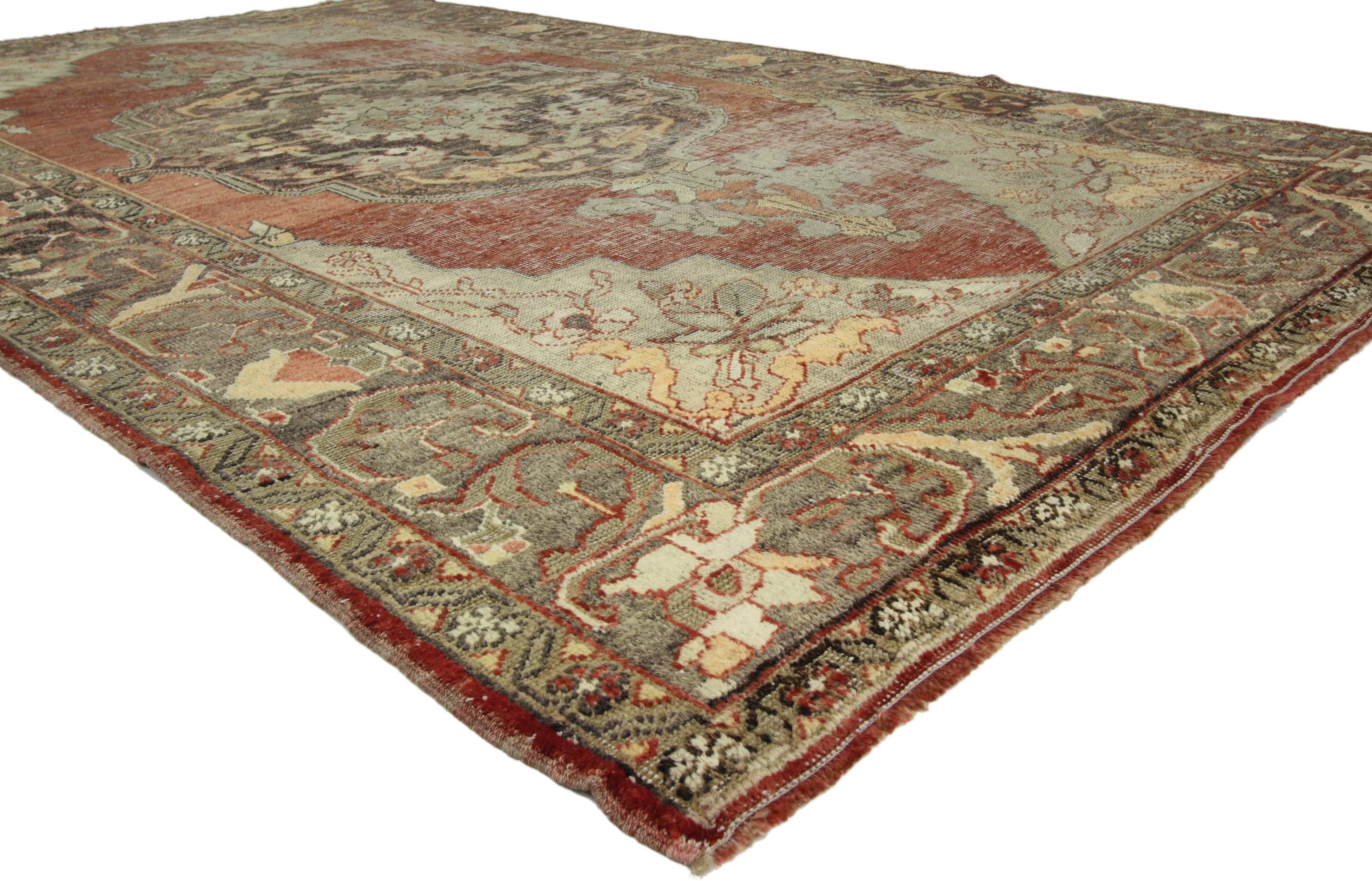 Hand-Knotted Distressed Vintage Turkish Oushak Rug with Rustic English Manor Style  For Sale