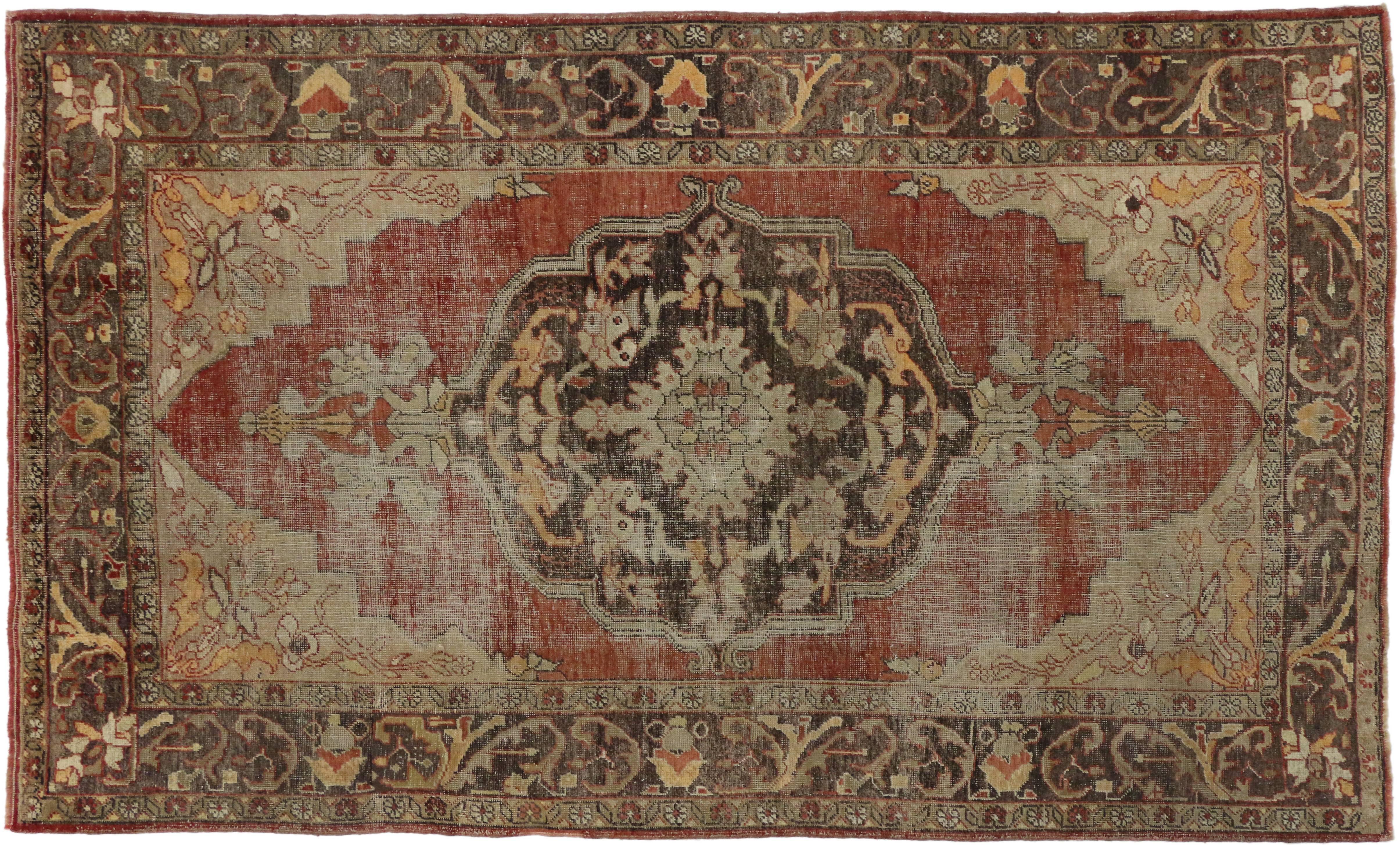 20th Century Distressed Vintage Turkish Oushak Rug with Rustic English Manor Style  For Sale