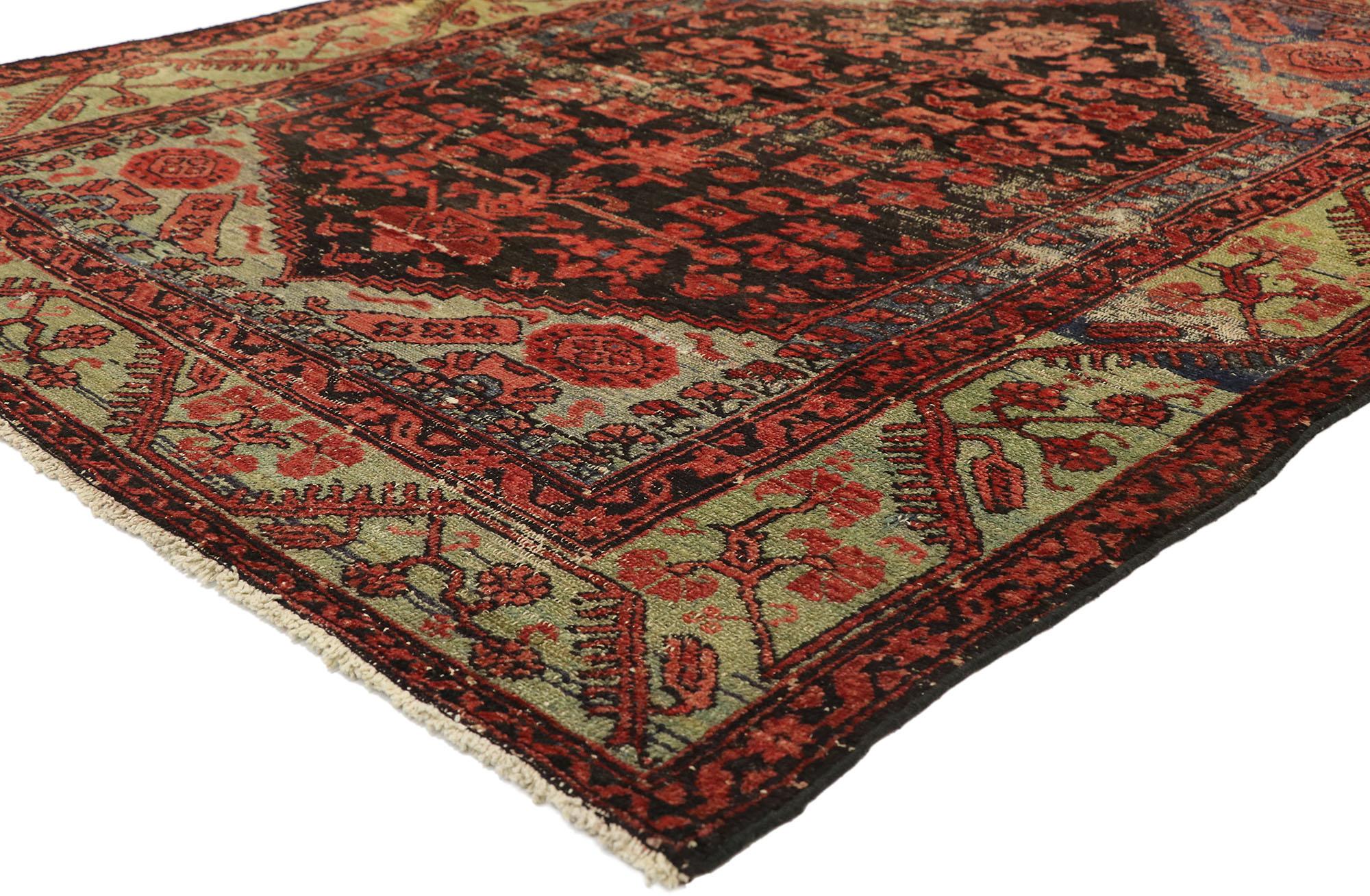 51214 Distressed Vintage Turkish Oushak rug with Modern Rustic Industrial style. With a timeless design and nostalgic charm, this hand knotted wool distressed vintage Turkish Oushak rug can beautifully blend modern, contemporary and traditional
