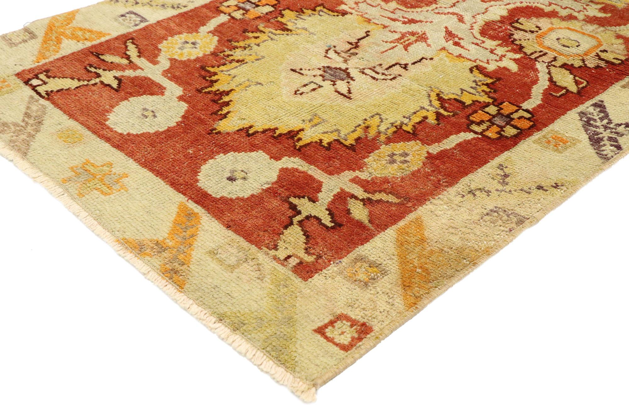 52101, distressed vintage Turkish Oushak rug with Modern Rustic Northwestern style. Warm and inviting combined with a lovingly time-worn field, this hand knotted wool distressed vintage Turkish Oushak rug is poised to impress. The weathered and