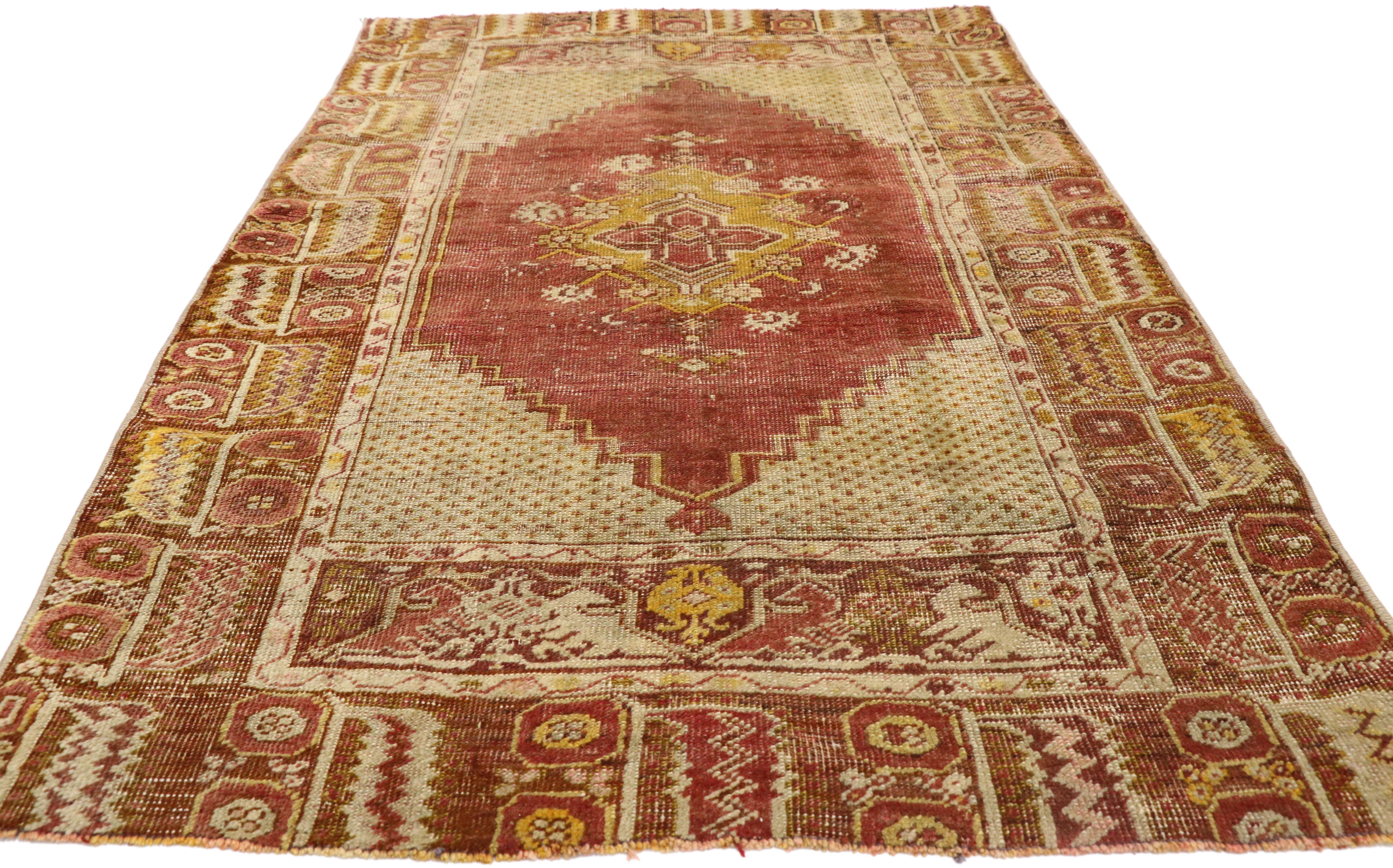 Hand-Knotted Distressed Vintage Turkish Oushak Rug with Modern Rustic Style