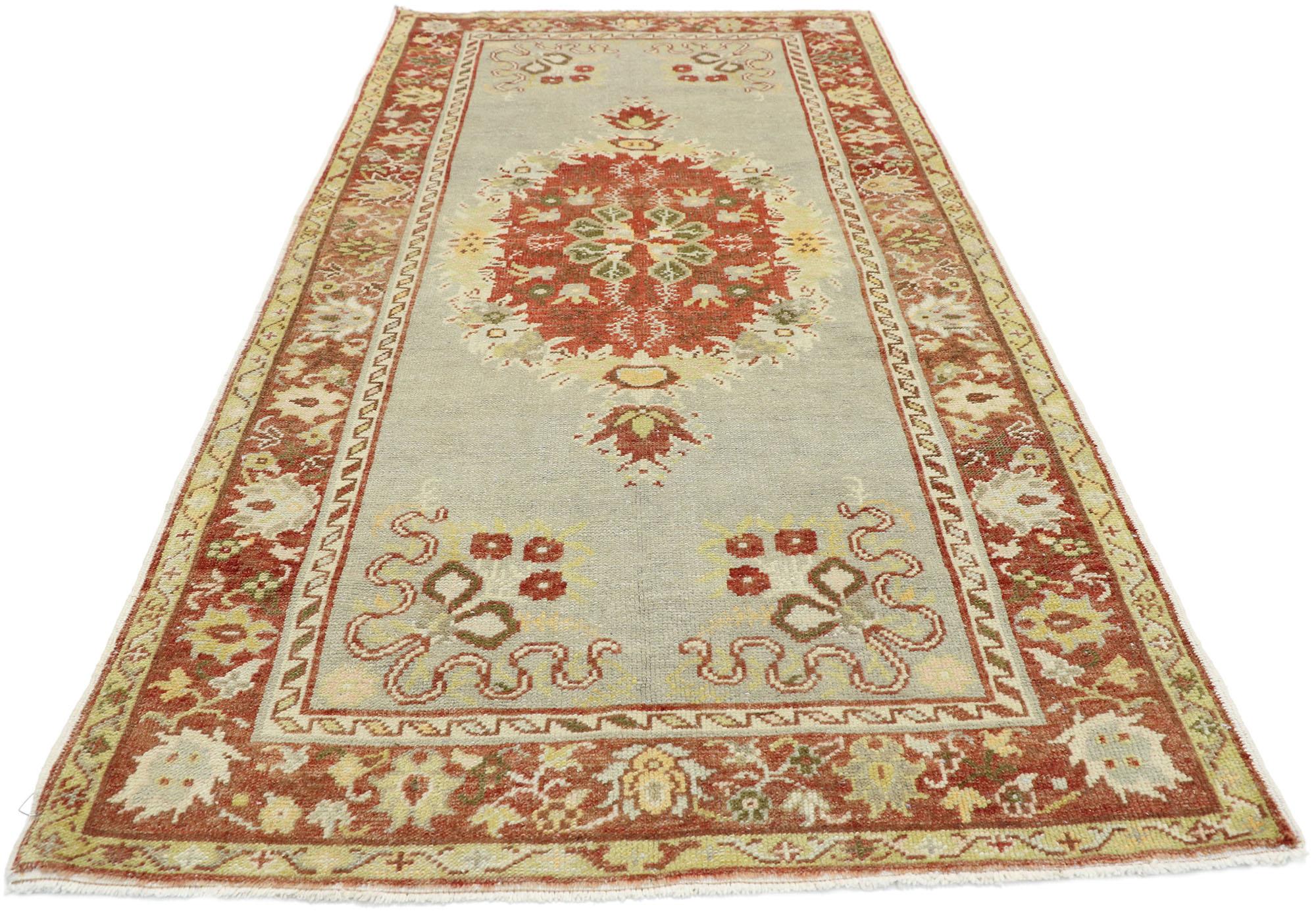 Hand-Knotted Distressed Vintage Turkish Oushak Rug with Romantic Rustic Georgian Style For Sale
