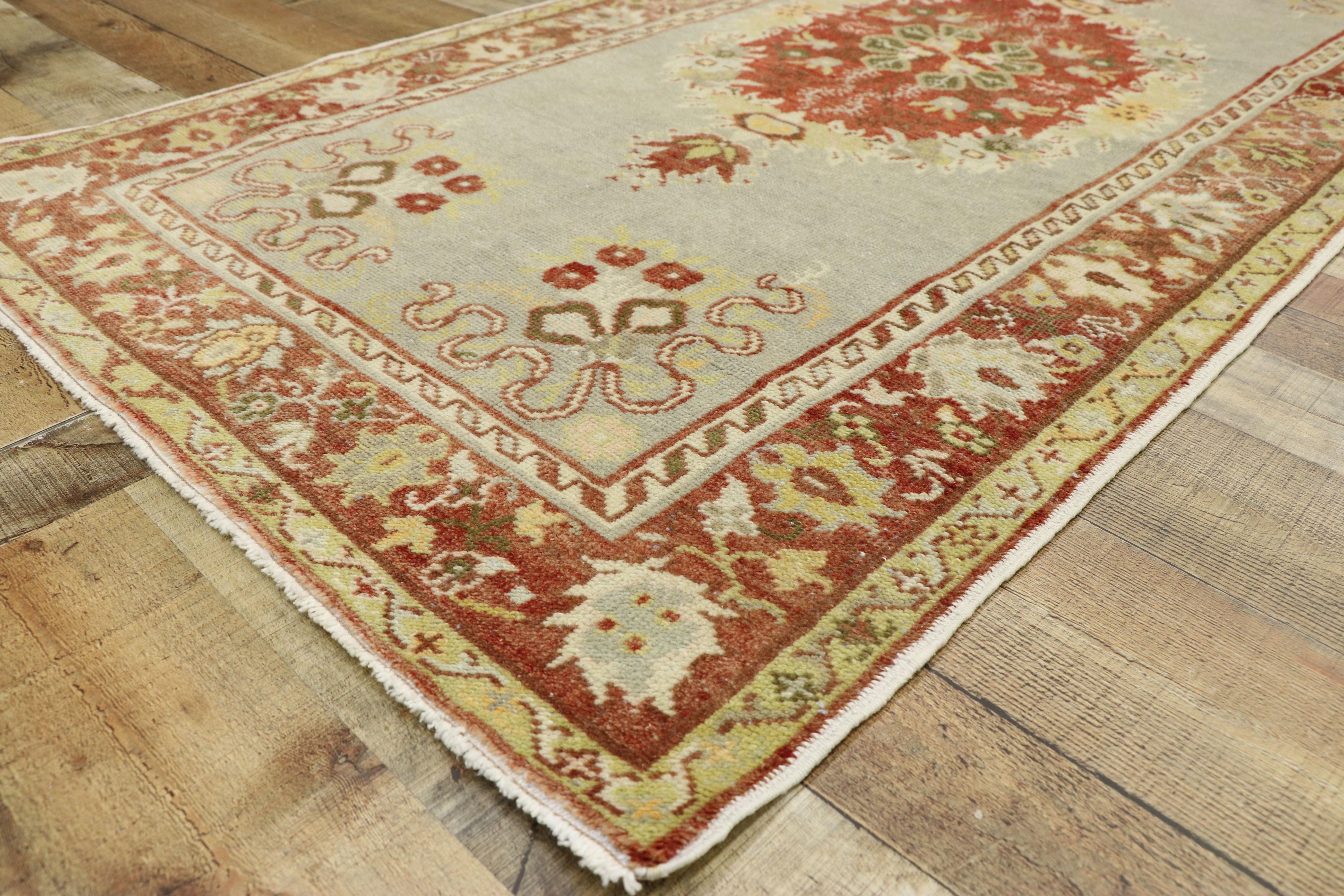Wool Distressed Vintage Turkish Oushak Rug with Romantic Rustic Georgian Style For Sale