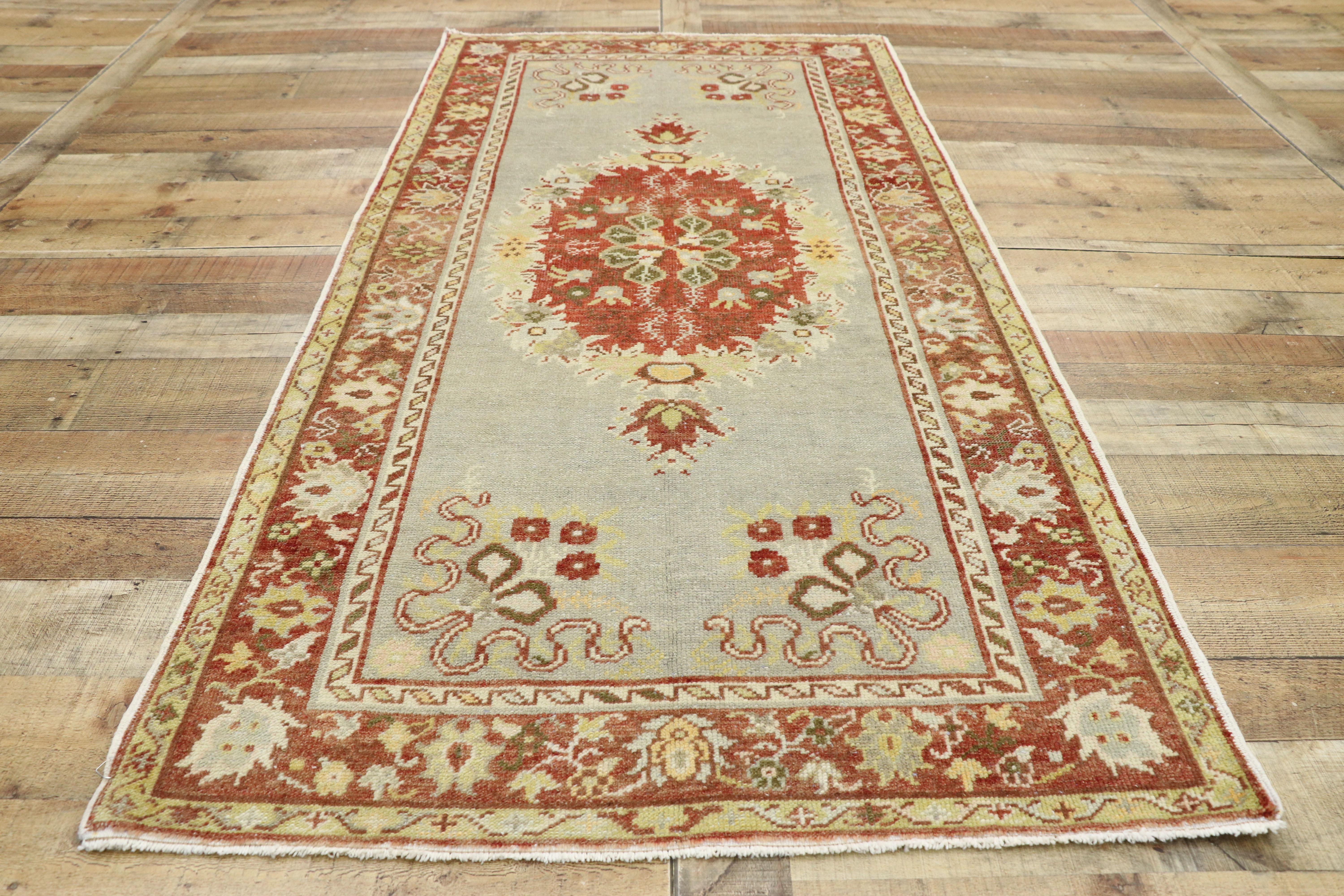 Distressed Vintage Turkish Oushak Rug with Romantic Rustic Georgian Style For Sale 1