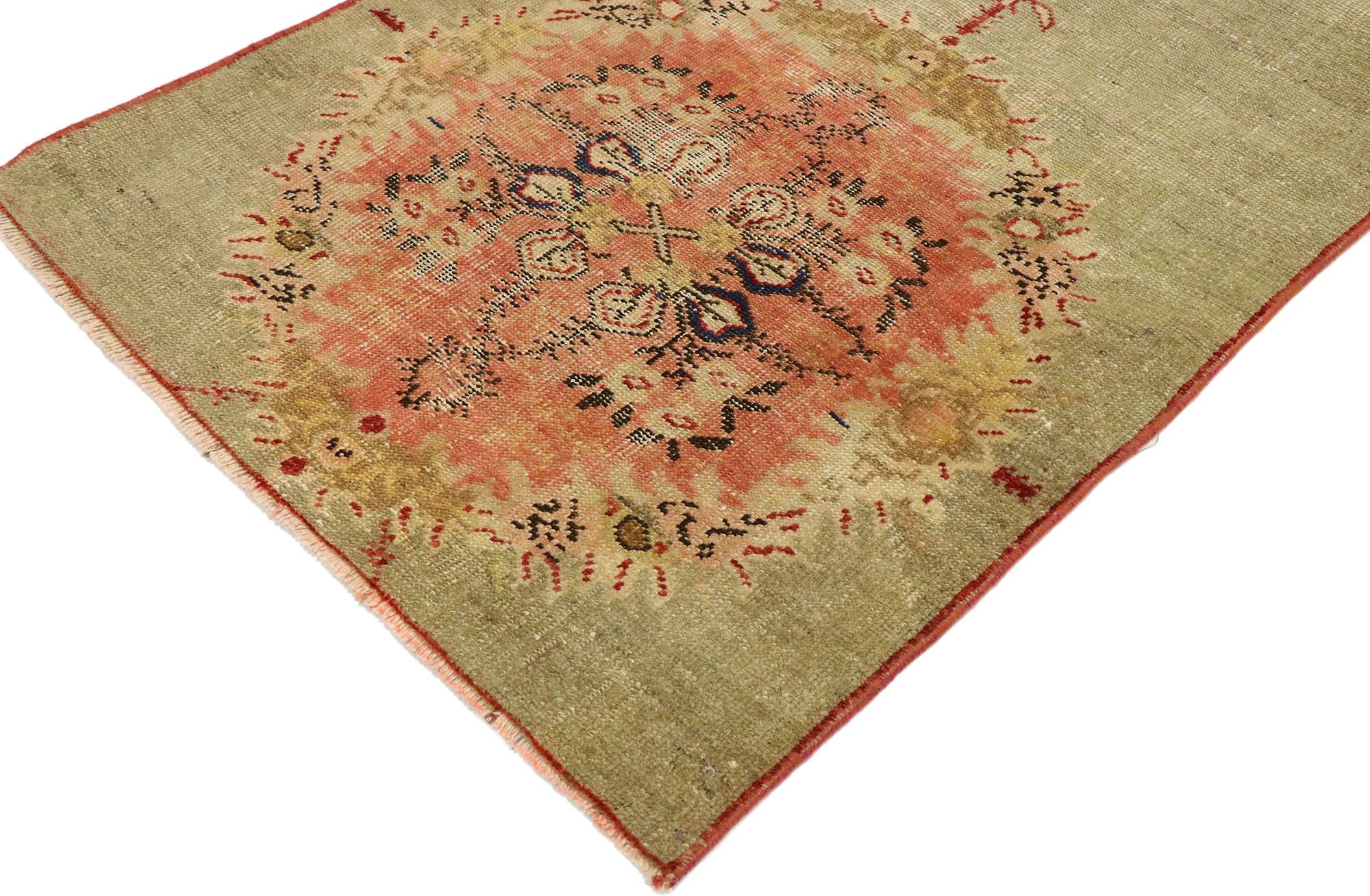 53061, distressed vintage Turkish Oushak rug with Romantic Swedish Cottage style. Effortless beauty and romantic connotations meet soft, bespoke vibes with a Swedish farmhouse cottage style in this hand knotted wool distressed vintage Turkish Oushak