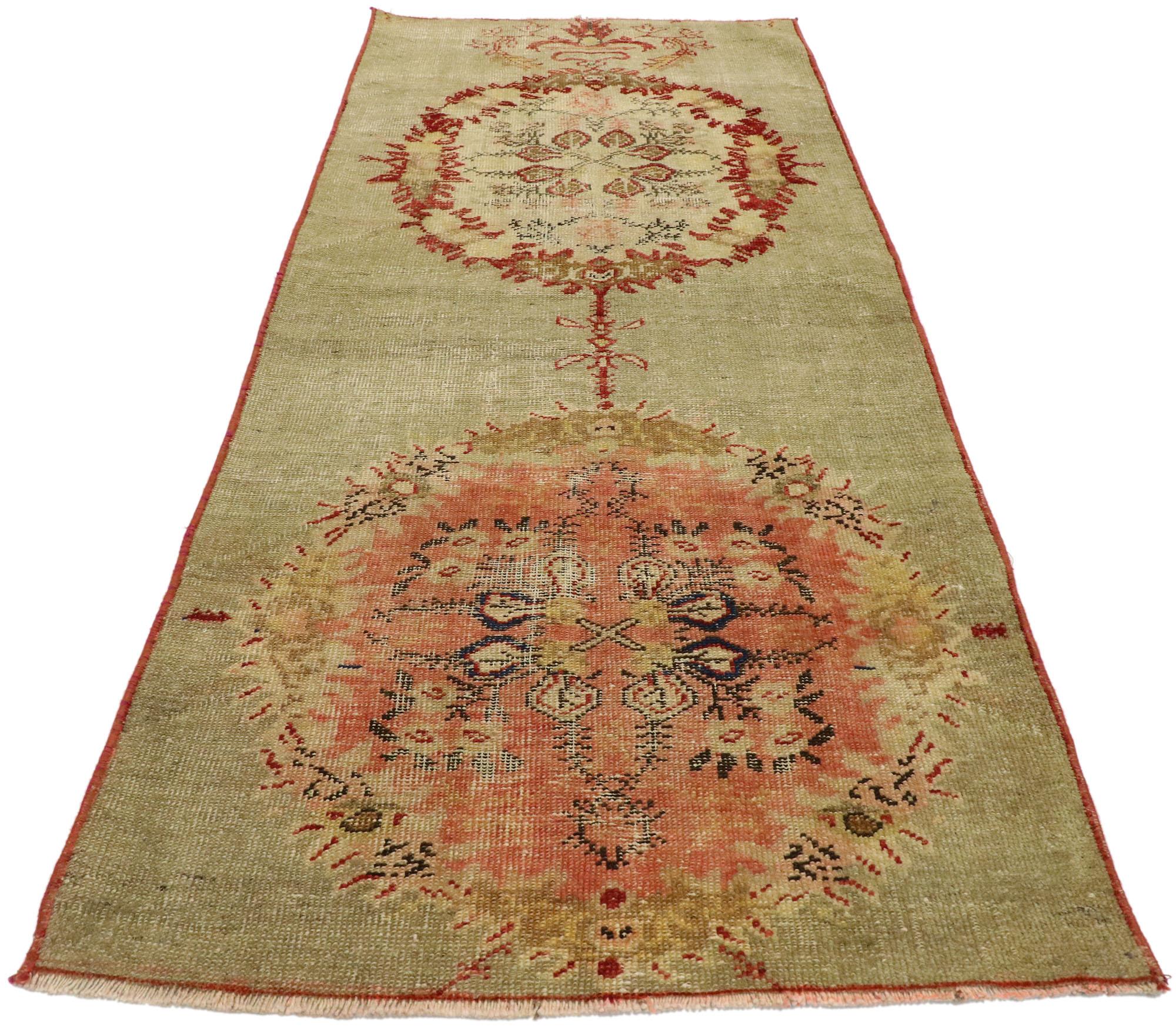 Rustic Distressed Vintage Turkish Oushak Rug with Romantic Swedish Cottage Style For Sale