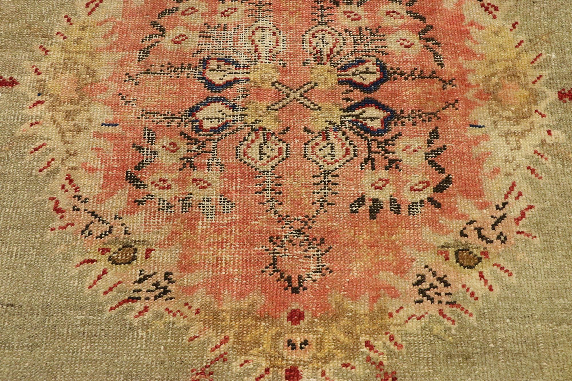 Hand-Knotted Distressed Vintage Turkish Oushak Rug with Romantic Swedish Cottage Style For Sale