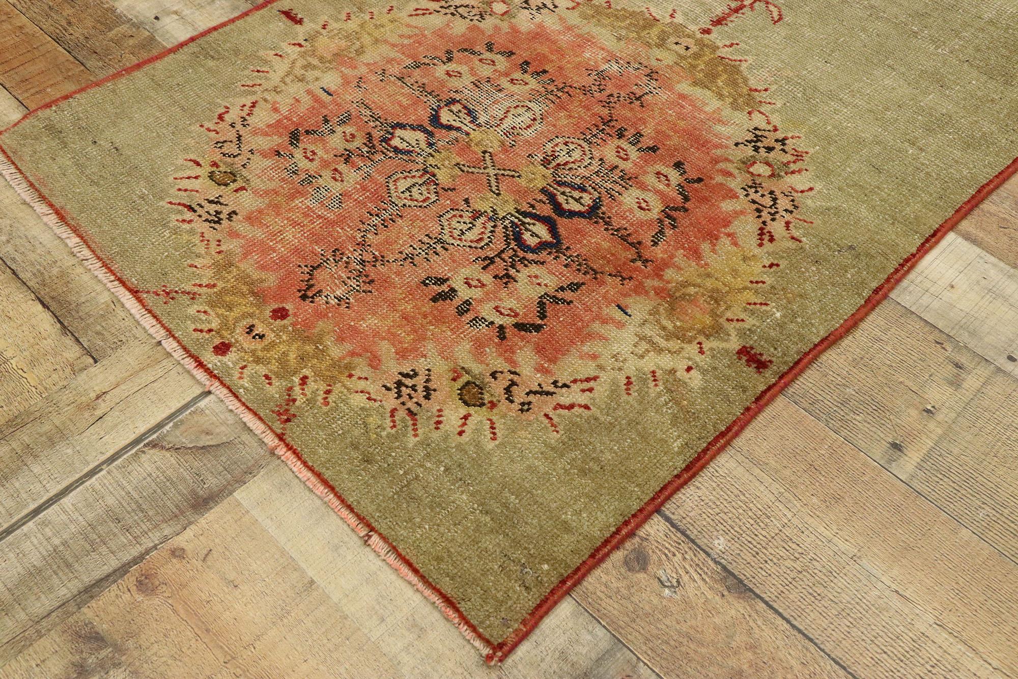 Wool Distressed Vintage Turkish Oushak Rug with Romantic Swedish Cottage Style For Sale