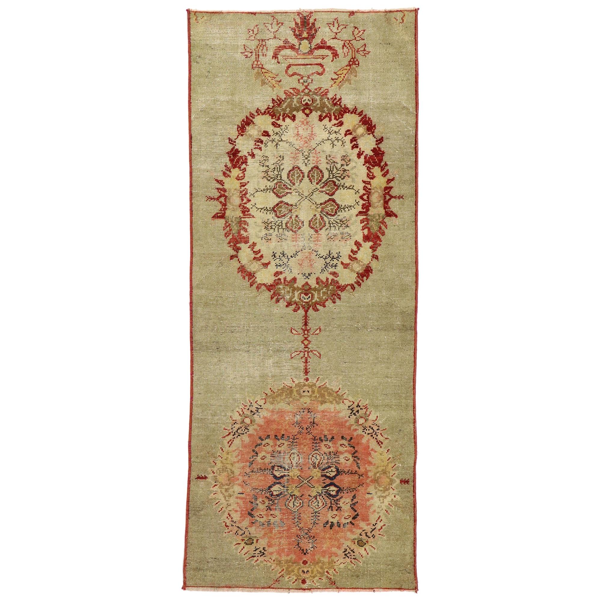 Distressed Vintage Turkish Oushak Rug with Romantic Swedish Cottage Style For Sale