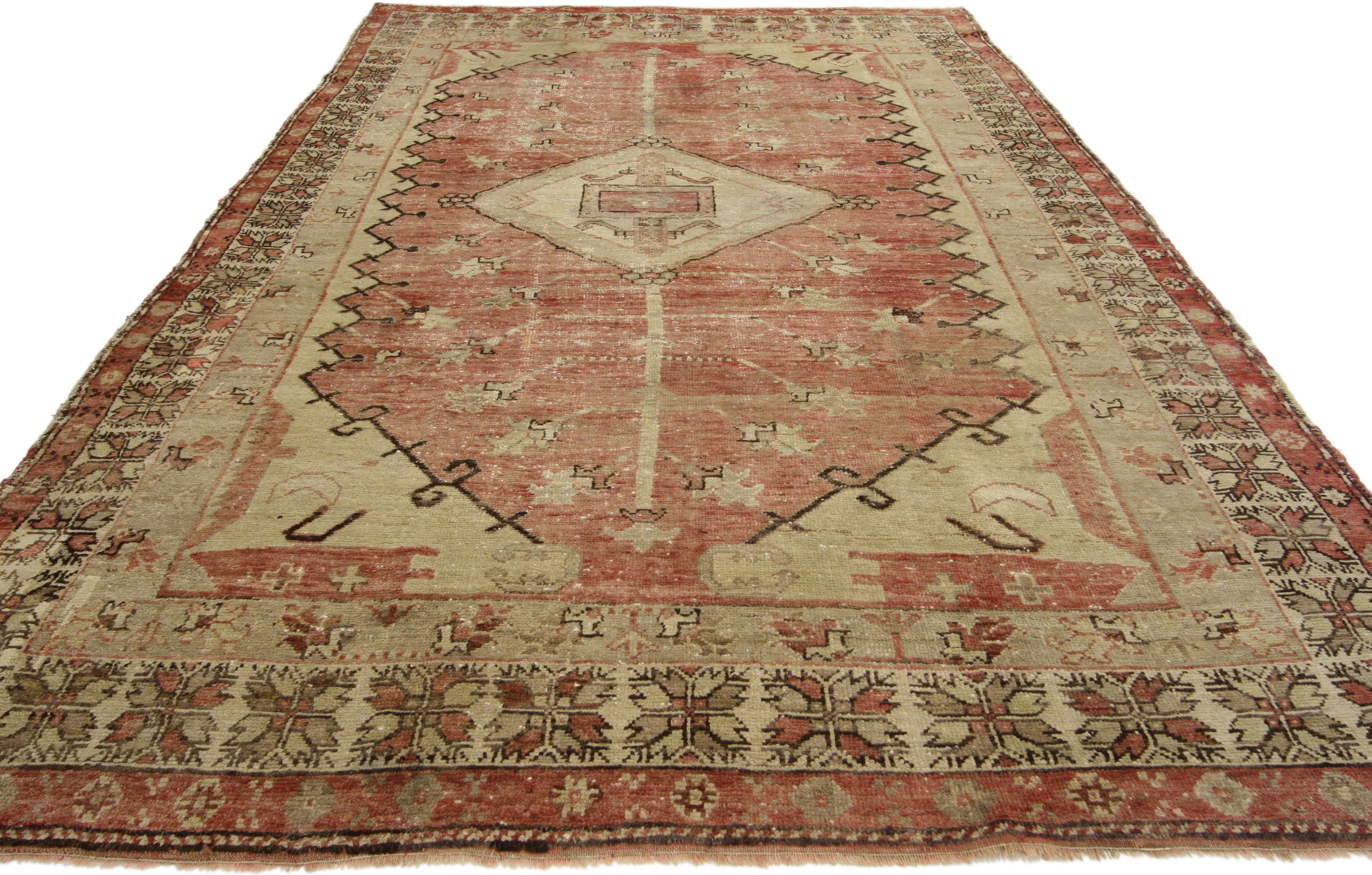 Hand-Knotted Distressed Vintage Turkish Oushak Rug with Rustic Adirondack Lodge Style For Sale